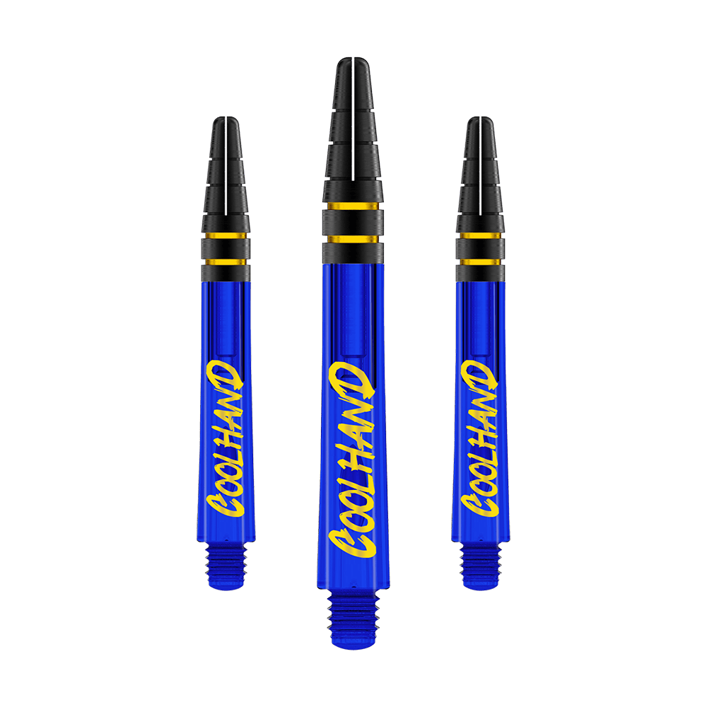 Das Bild zeigt drei blaue Dartschäfte mit der gelben Aufschrift "COOLHAND". Die Schäfte haben schwarze und goldene Ringe am oberen Ende.