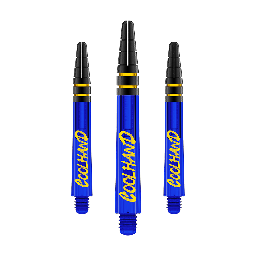 Flechas Red Dragon Nitrotech Luke Humphries Coolhand - Azul Das Bild zeigt drei blaue Dartschäfte mit der gelben Aufschrift "COOLHAND". Die Schäfte haben schwarze und goldene Ringe am oberen Ende.