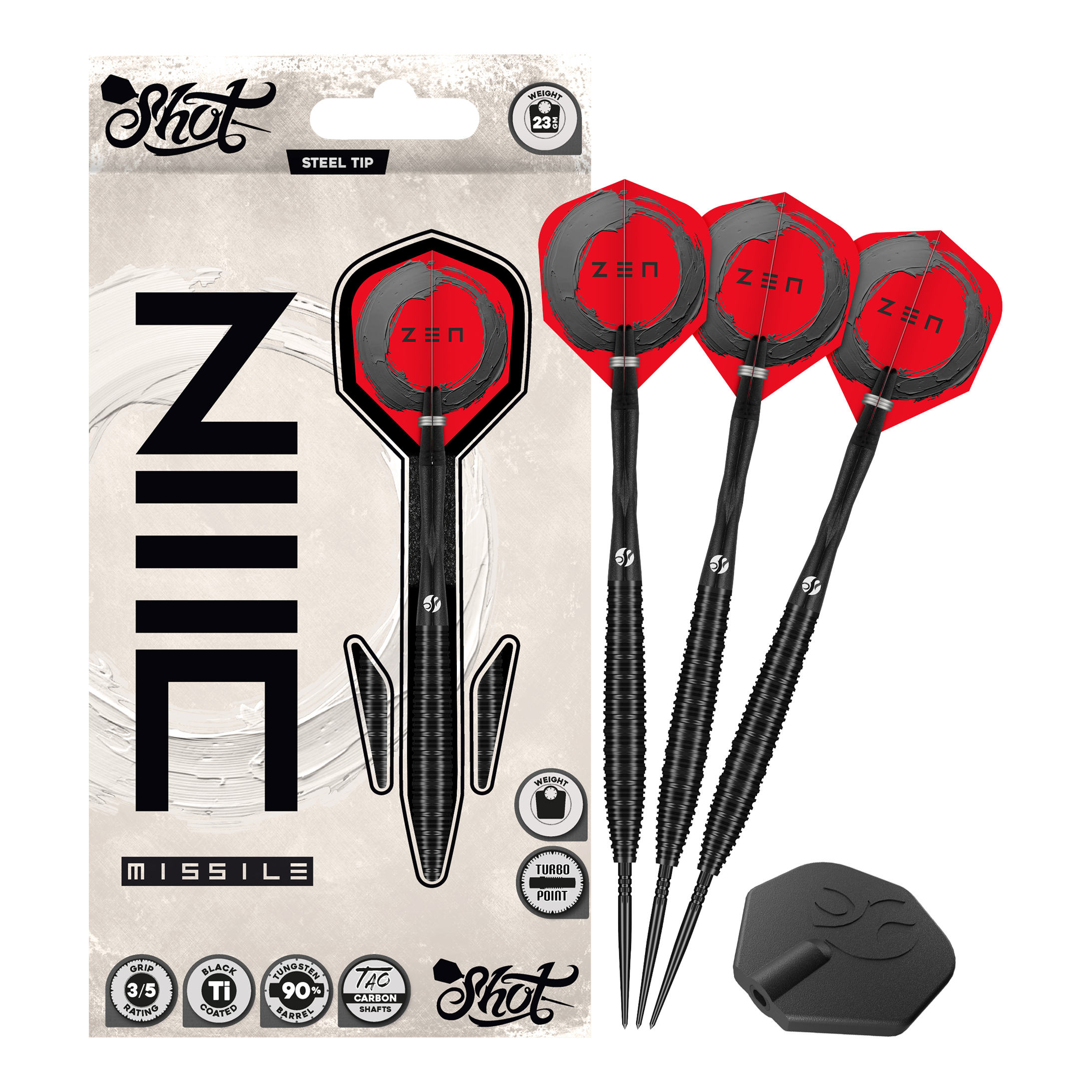 Dardos de acero Shot ZEN Missile Turbo Point - 23 g Dieses Bild zeigt Shot ZEN Missile Turbo Point Steeldarts - 23g als Gesamtansicht. Sie sind geeignet für das professionelle Dartspiel.
