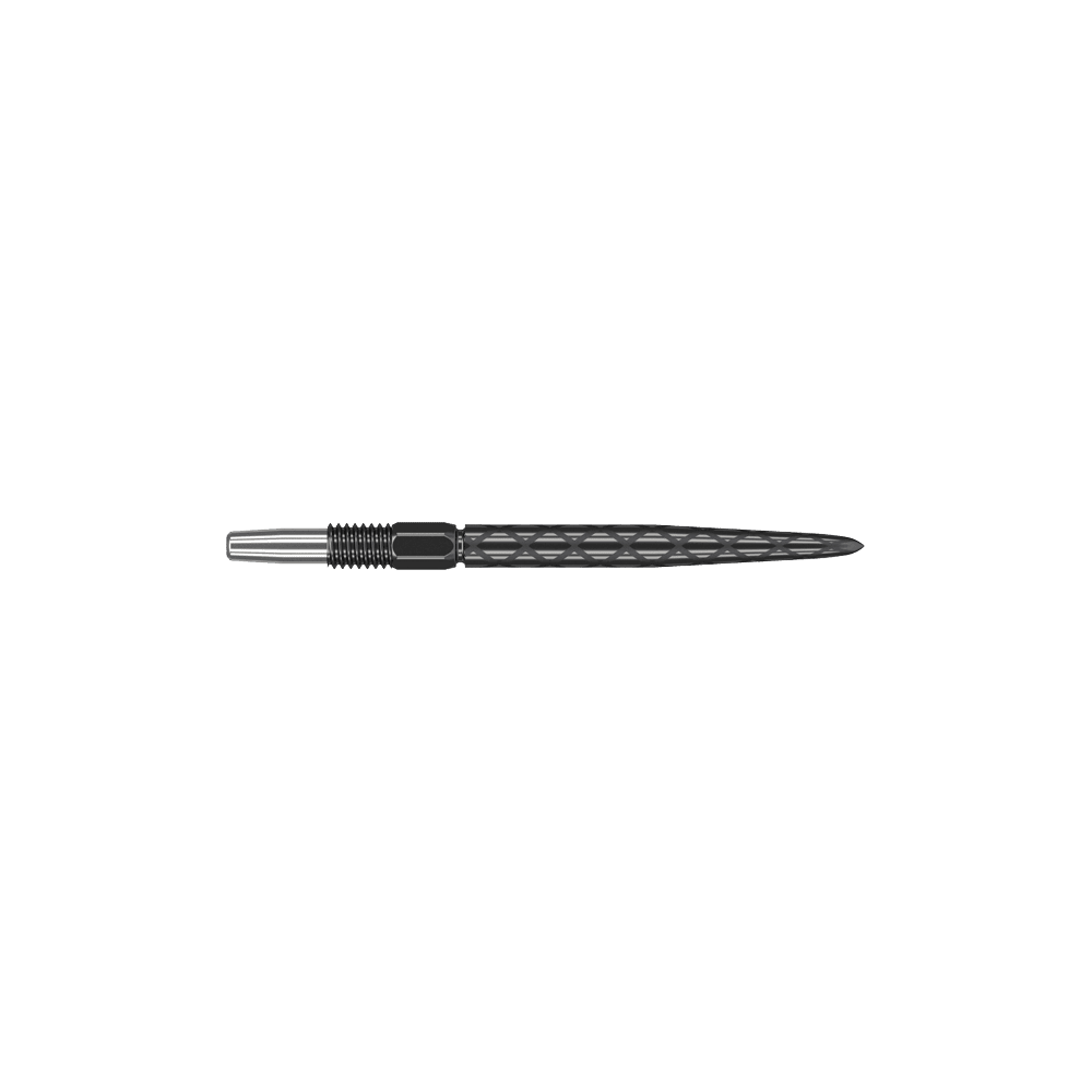 Puntas de dardos Target Swiss Diamond Pro Black Points Dies ist eine schwarze Dartspitze mit einem diamantförmigen Muster. Sie ist vorne spitz zulaufend und hat eine silberne Befestigung am hinteren Ende.