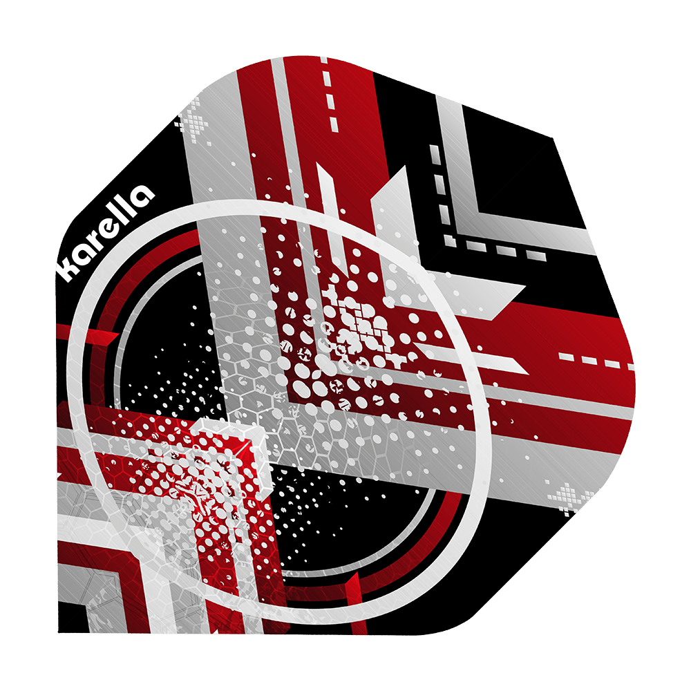 8032-10_Karella_XT-3_No2_Standard_Flights_1 Das Bild zeigt das Produkt "Karella XT-3 No2 Standard Flights". Das Design ist modern mit roten, weißen, grauen und schwarzen geometrischen Mustern und Punkten.
