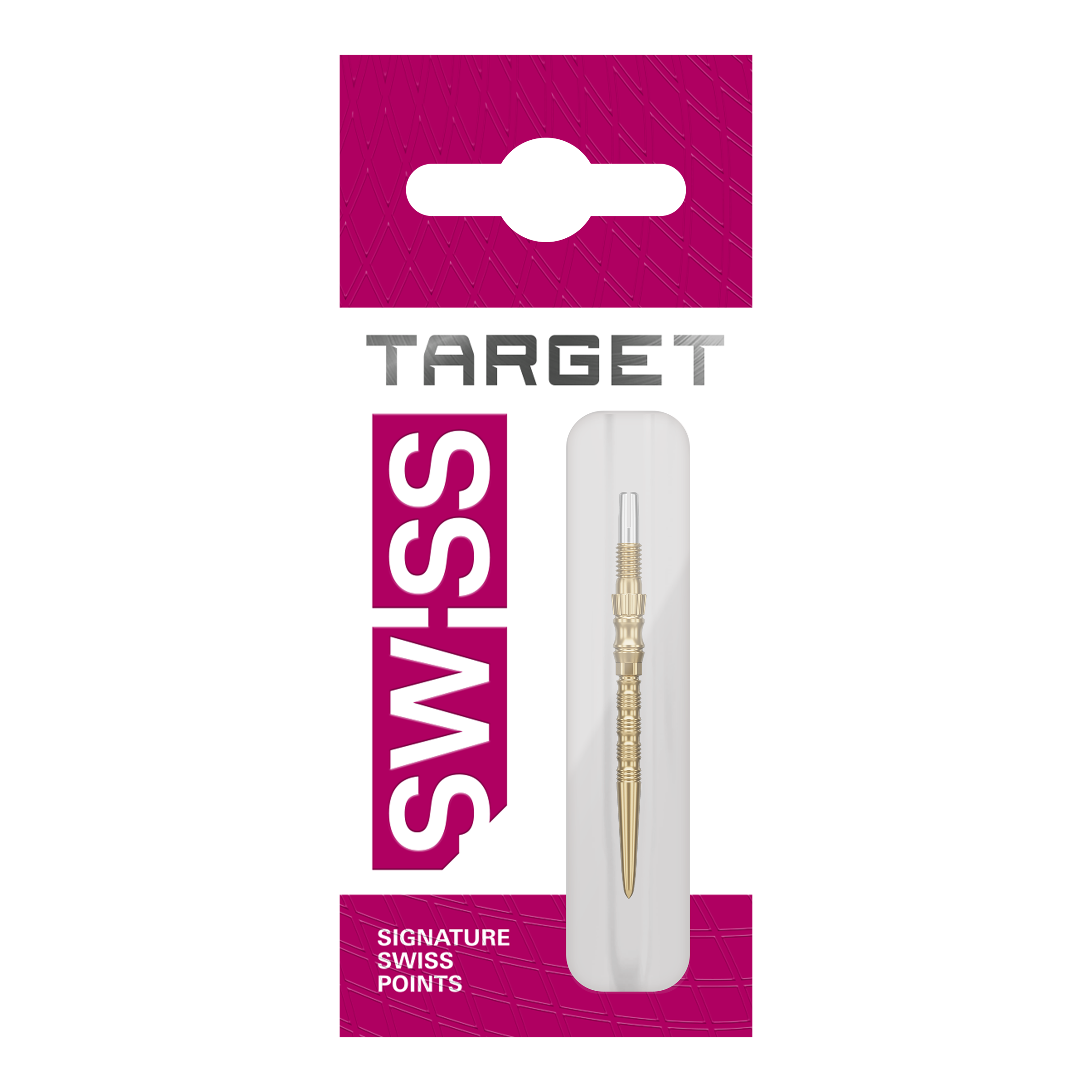 Puntas de dardo de acero Target Signature Swiss Point TRB - doradas Drei goldene Target SwissPoint Signature TRB Dartspitzen mit 30mm Länge werden dargestellt. Die Spitzen liegen nebeneinander.