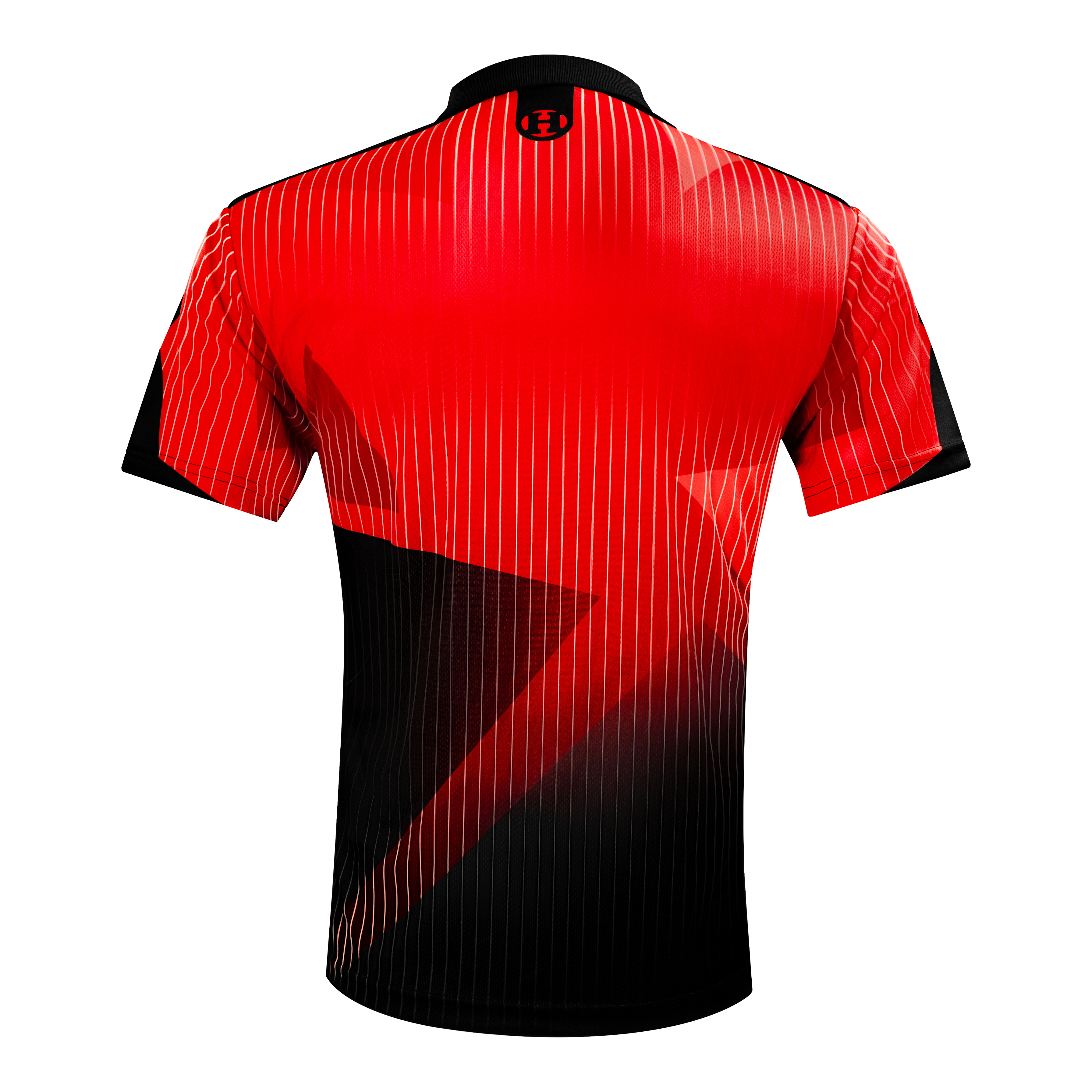 Harrows Shard Dartshirt - Rot Das Bild zeigt das Harrows Shard Dartshirt in Rot von hinten. Das Shirt hat ein auffälliges rotes und schwarzes Design mit feinen weißen Linien.