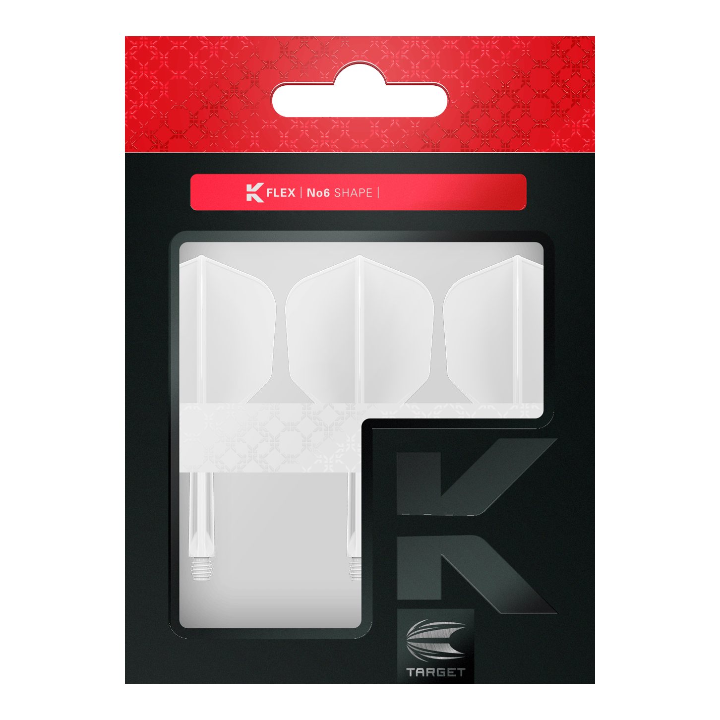 Sistema de vuelo Target K-Flex No6 - Blanco Das Bild zeigt eine Verpackung mit drei weißen Dartflights und Schäften. Die Verpackung ist überwiegend schwarz mit einem roten Bereich oben und der Aufschrift "K FLEX | No6 SHAPE".