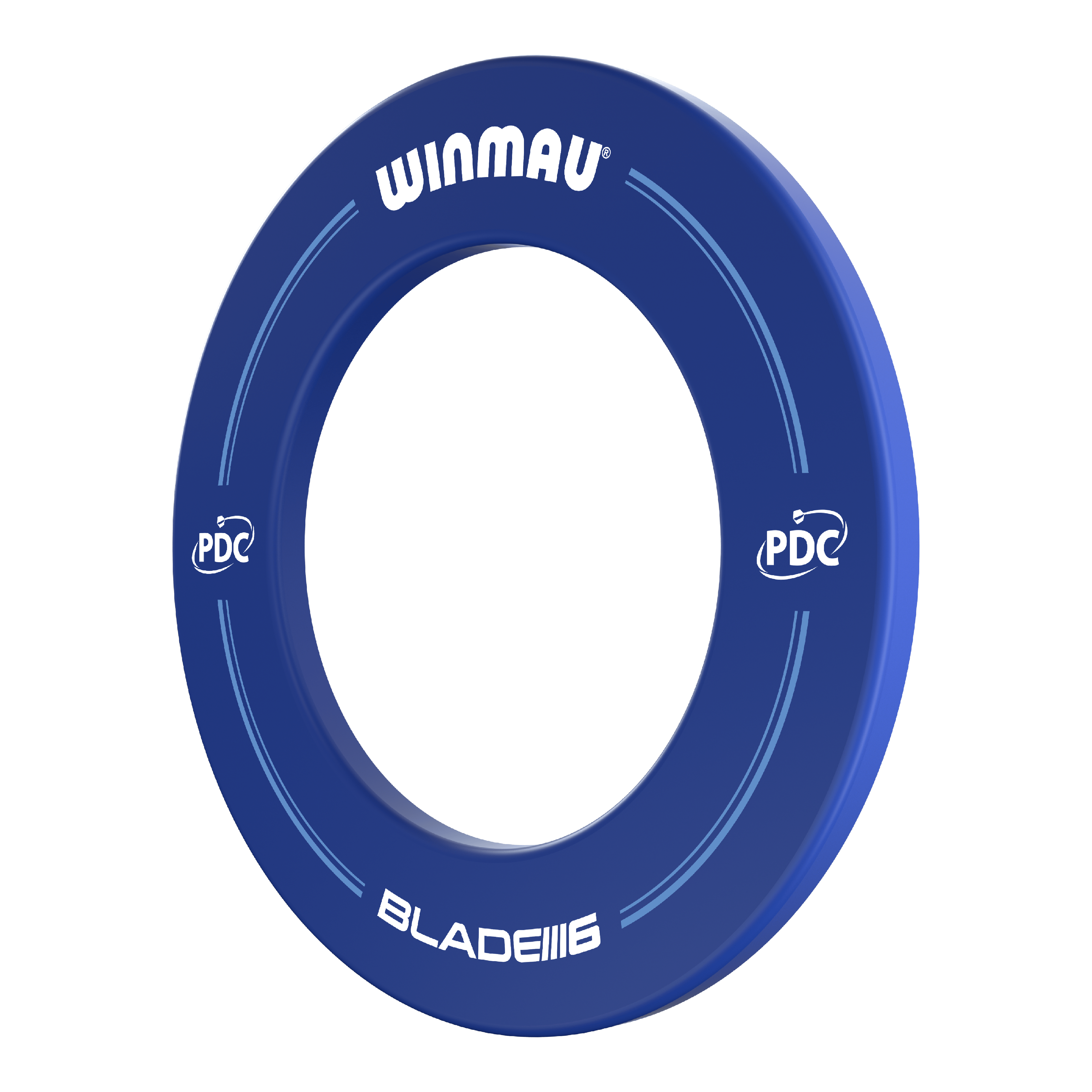 Marco para diana Winmau PDC - Azul Das Bild zeigt einen blauen Dartboard-Surround der Marke Winmau mit der Aufschrift "PDC" und "Blade 6". Er schützt die Wand rund um die Dartscheibe vor Treffern.