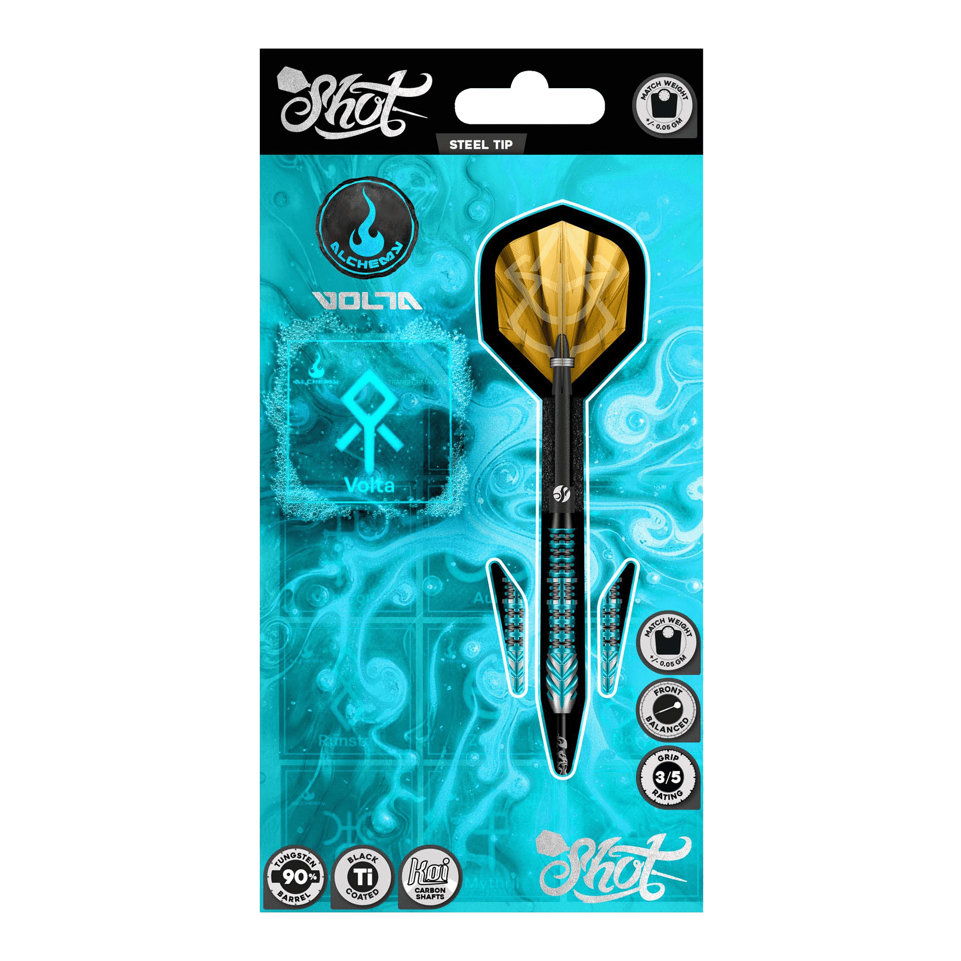 Dardos de acero Shot Alchemy Volta Gezeigt werden die Shot Alchemy Volta Steeldarts. Das Produkt ist zum Spielen auf Steeldart-Scheiben geeignet.