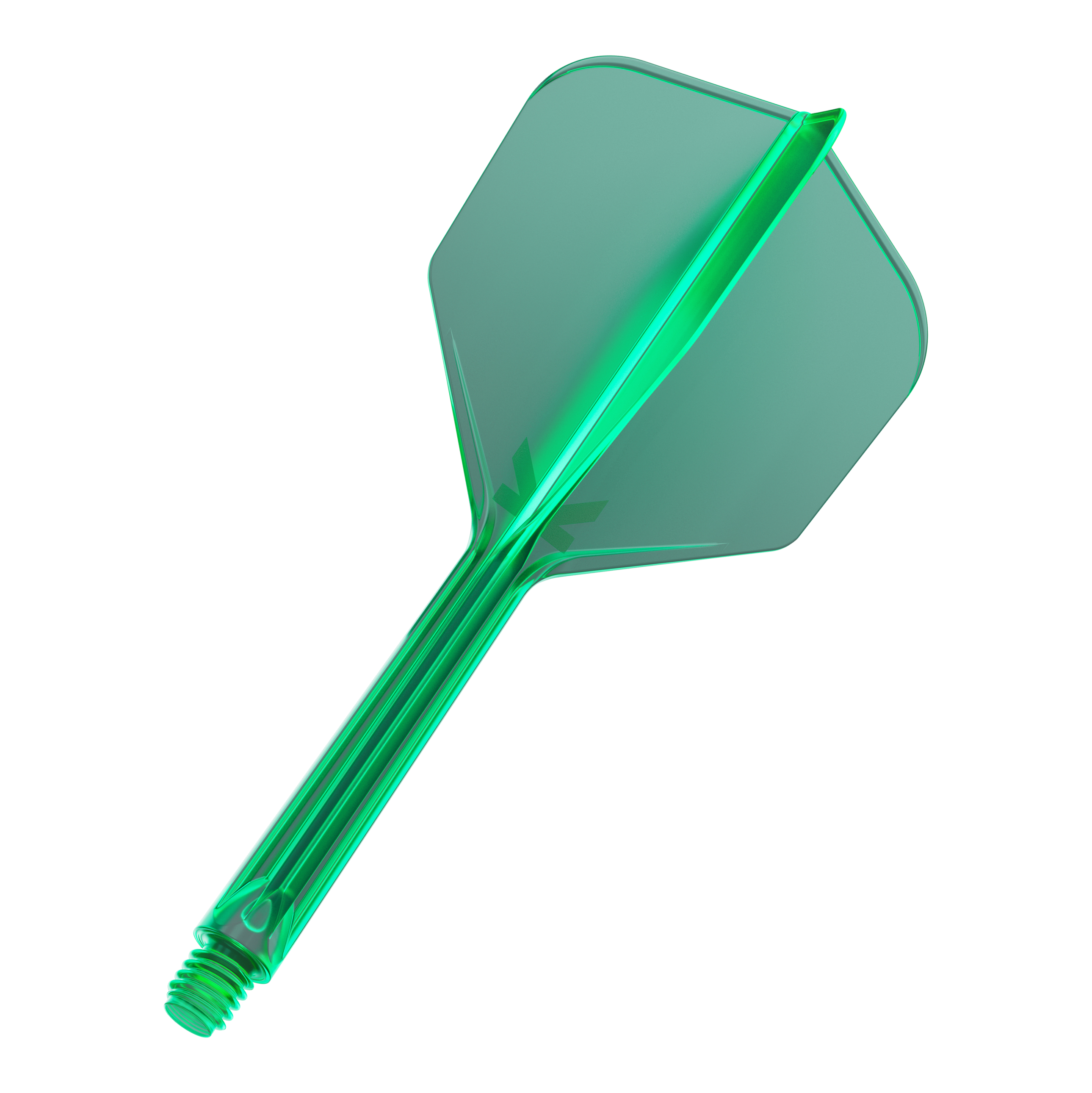 Sistema de vuelo Target K-Flex No6 - Verde Darts mit besonderer Flight-Länge sind zu sehen. Die Spitzen sind symmetrisch ausgerichtet.