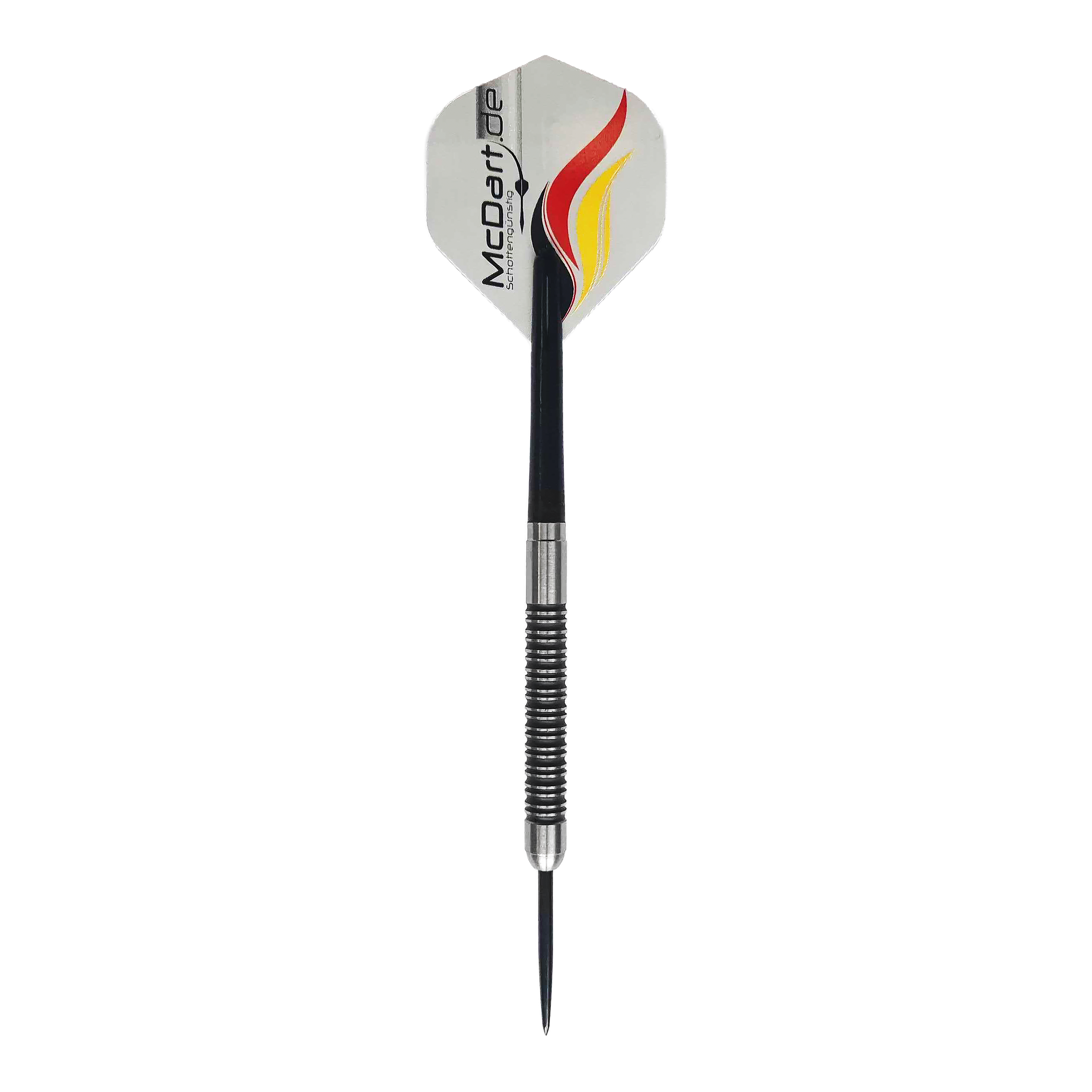 Dardos de acero McDart Super Grip Drei McDart Super Grip Steeldarts sind parallel angeordnet. Die silbernen Darts haben ein markantes Griffmuster.