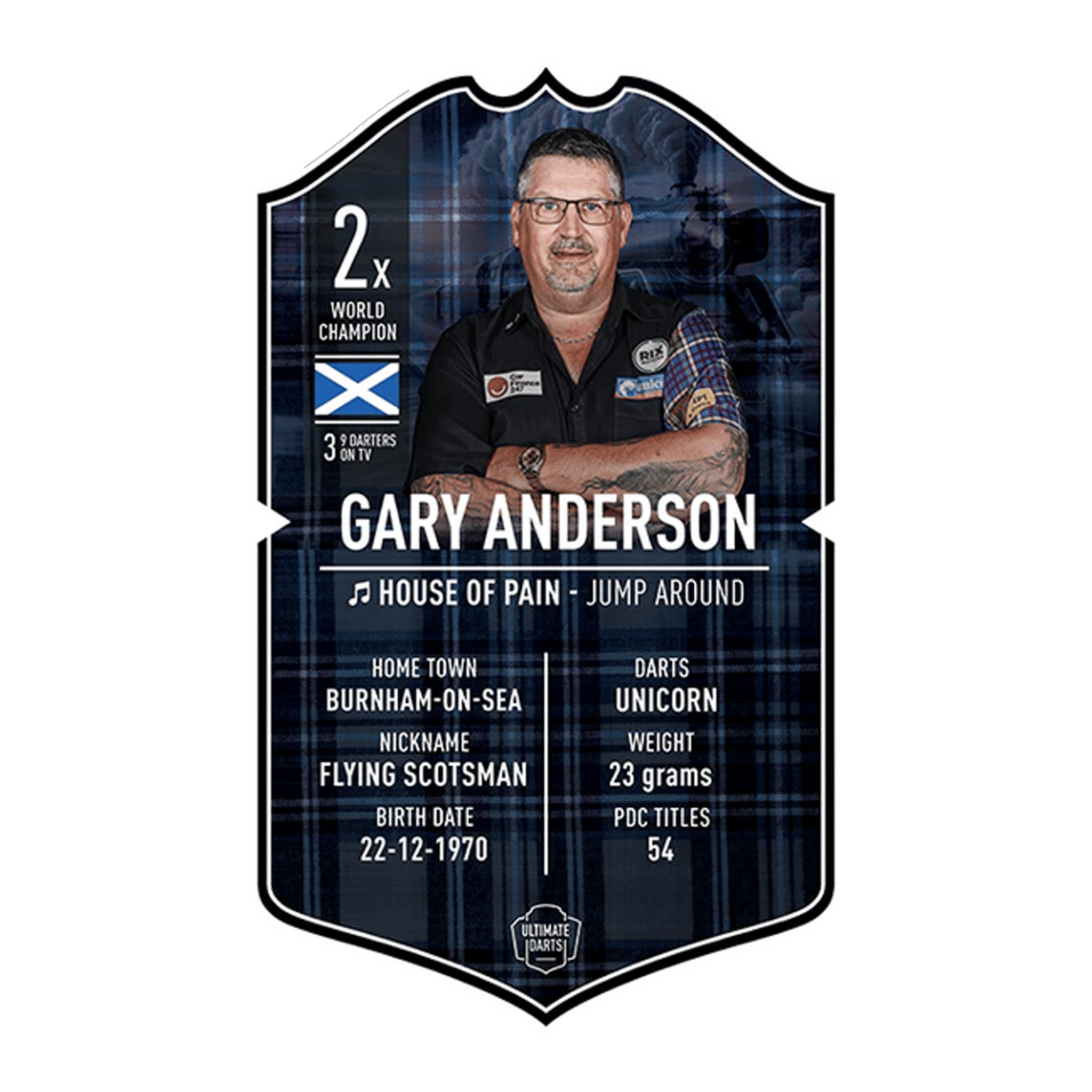 Ultimate Darts Card - Gary Anderson ist abgebildet. Die Karte zeigt ein Produkt für Dart-Fans.