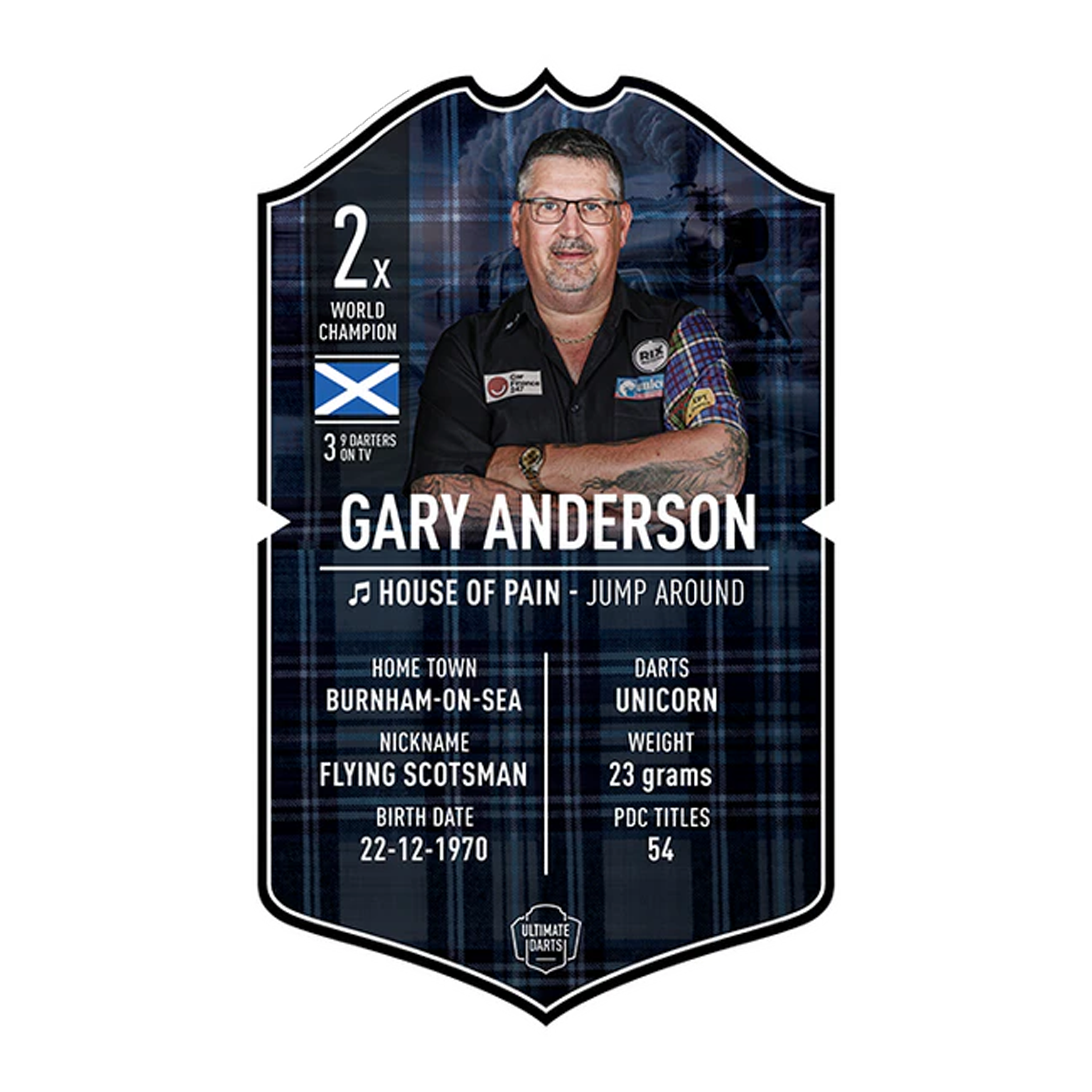 Tarjeta de dardos definitiva - Gary Anderson Ultimate Darts Card - Gary Anderson ist abgebildet. Die Karte zeigt ein Produkt für Dart-Fans.