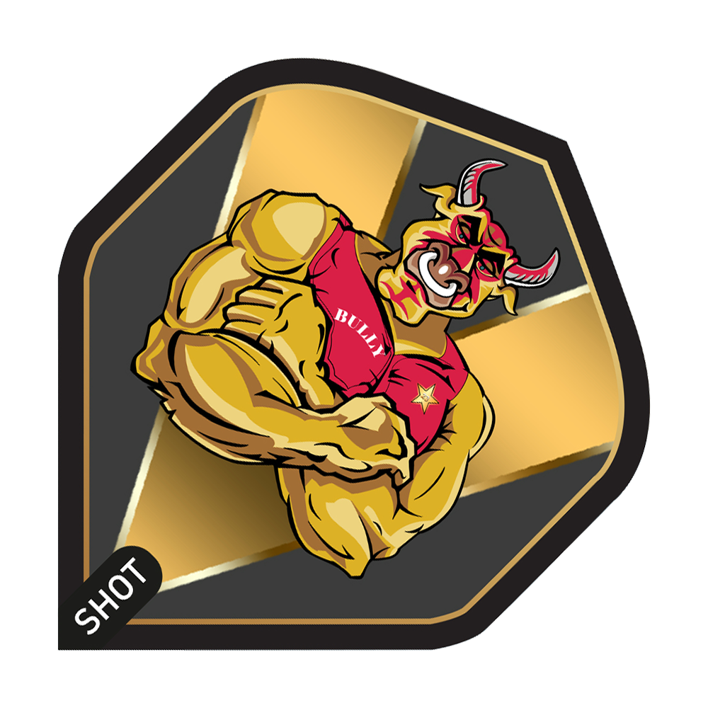 Shot a Michael Smith Bully Boy Vuelos Gold Standard Das Bild zeigt ein Dartflight-Design mit einem muskulösen Stier im roten Trikot, auf dem "BULLY" steht. Im Hintergrund sind goldene und schwarze Farbakzente sowie das Logo "SHOT" zu sehen.