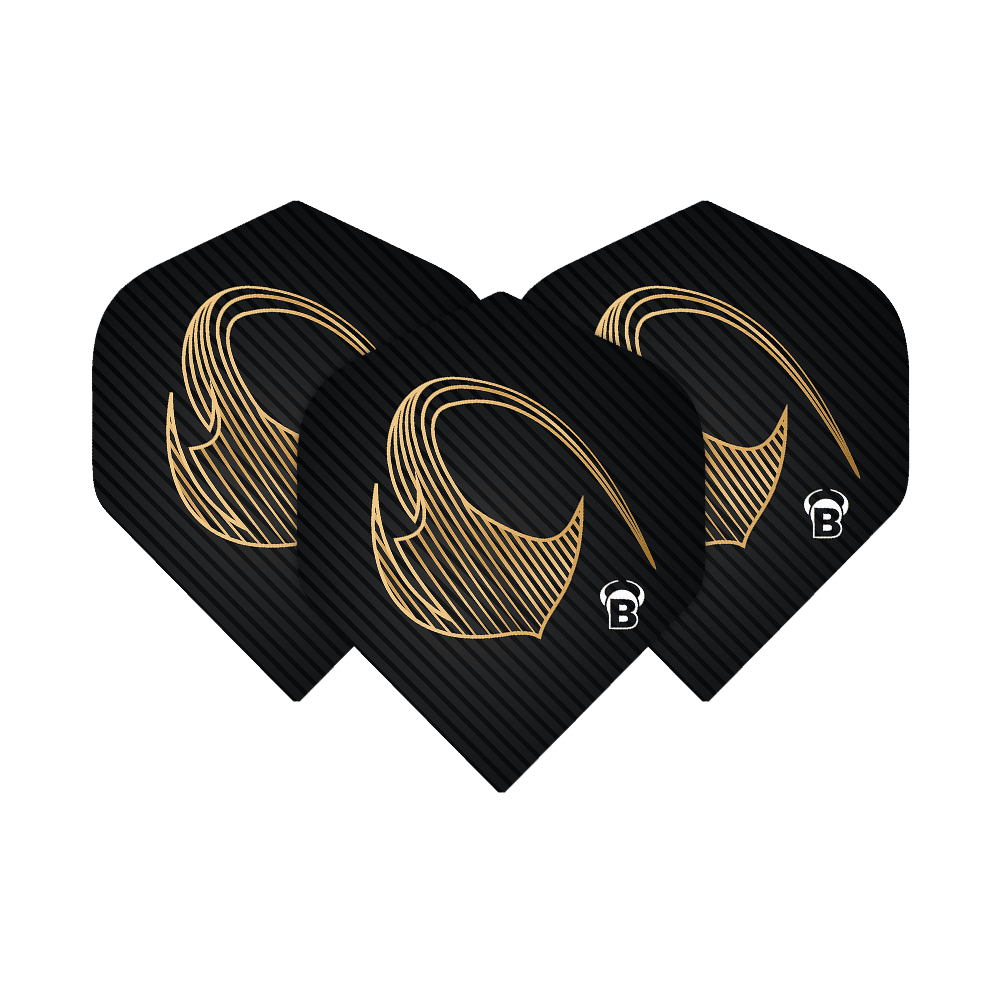 Vuelos estándar Bulls Metrixx Stingray No2 Das Bild zeigt drei schwarze Dart-Flights mit einem goldenen Muster und dem Buchstaben "B" in der Ecke. Es handelt sich um die Bulls Metrixx Stingray No2 Standard Flights.