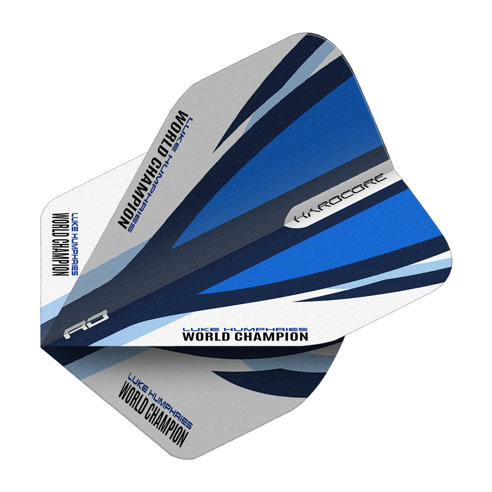 Vuelos estándar Red Dragon Hardcore Luke Humphries Azul Blanco Das Bild zeigt die Red Dragon Hardcore Luke Humphries Blue White Standard Flights. Die Dartflights haben ein blau-weißes Design und den Aufdruck "Luke Humphries World Champion".