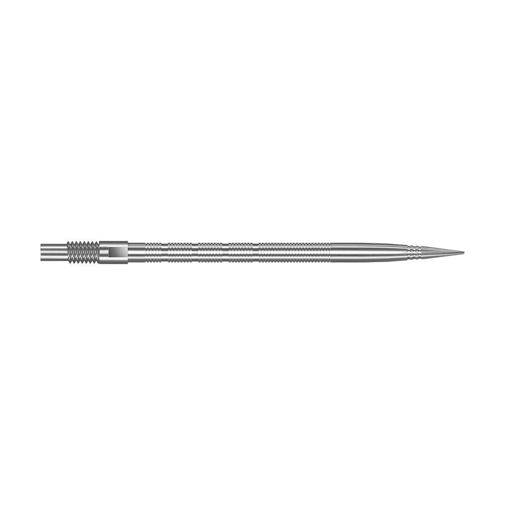 Puntas de dardos Harrows Quick Point Micro Ridge - Plateadas Abgebildet sind silberne Harrows Quick Point MicroRidge Dartspitzen mit einer Länge von 40 mm. Die Spitzen liegen nebeneinander auf dem Bild.