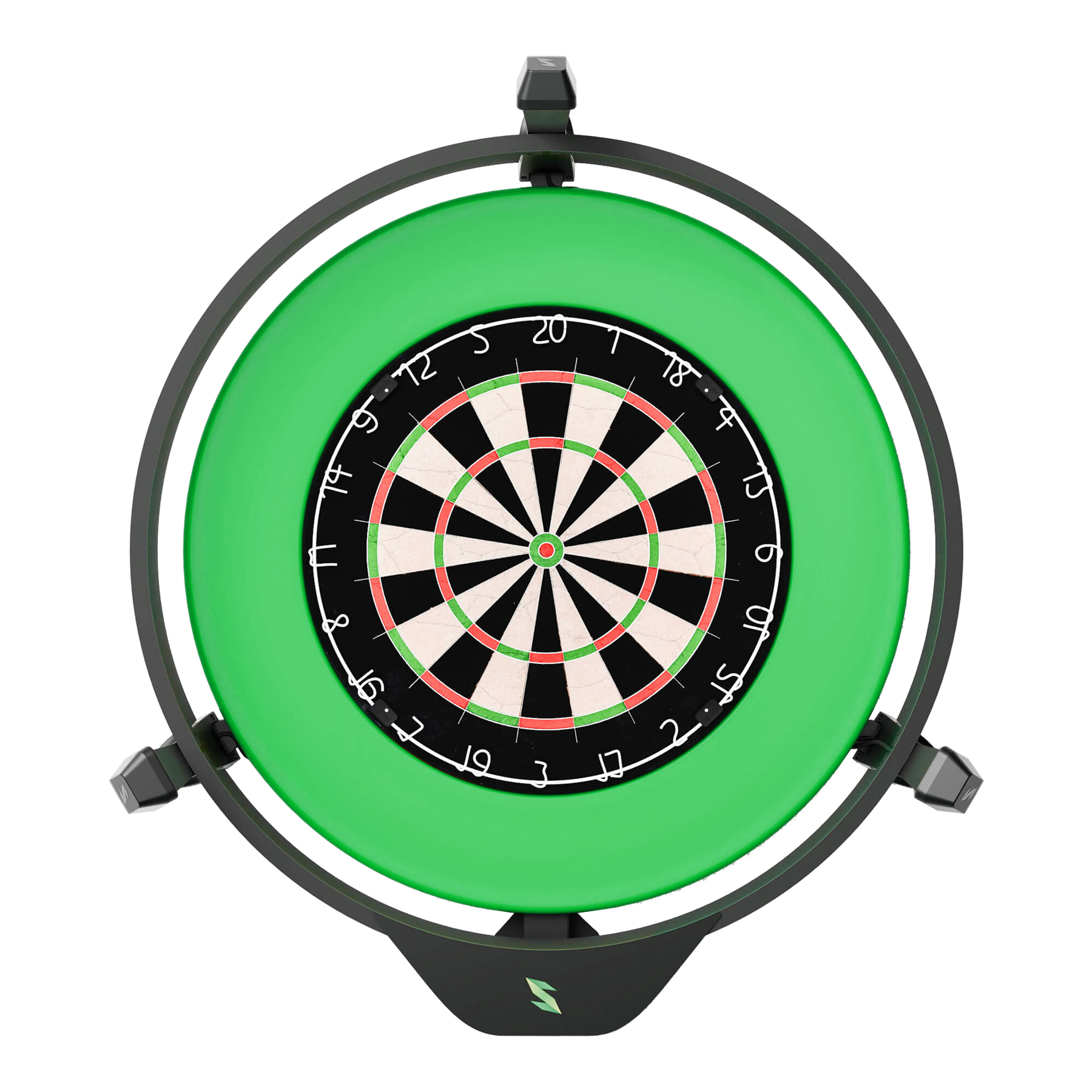 Sistema de puntuación automática electrónica Scolia Home 2 con anillo de iluminación 2026 Das Bild zeigt das Produkt "Scolia Home 2 Electronic Score System mit Beleuchtungsring". In der Mitte befindet sich eine Dartscheibe, die von einem grünen Leuchtring umgeben ist.