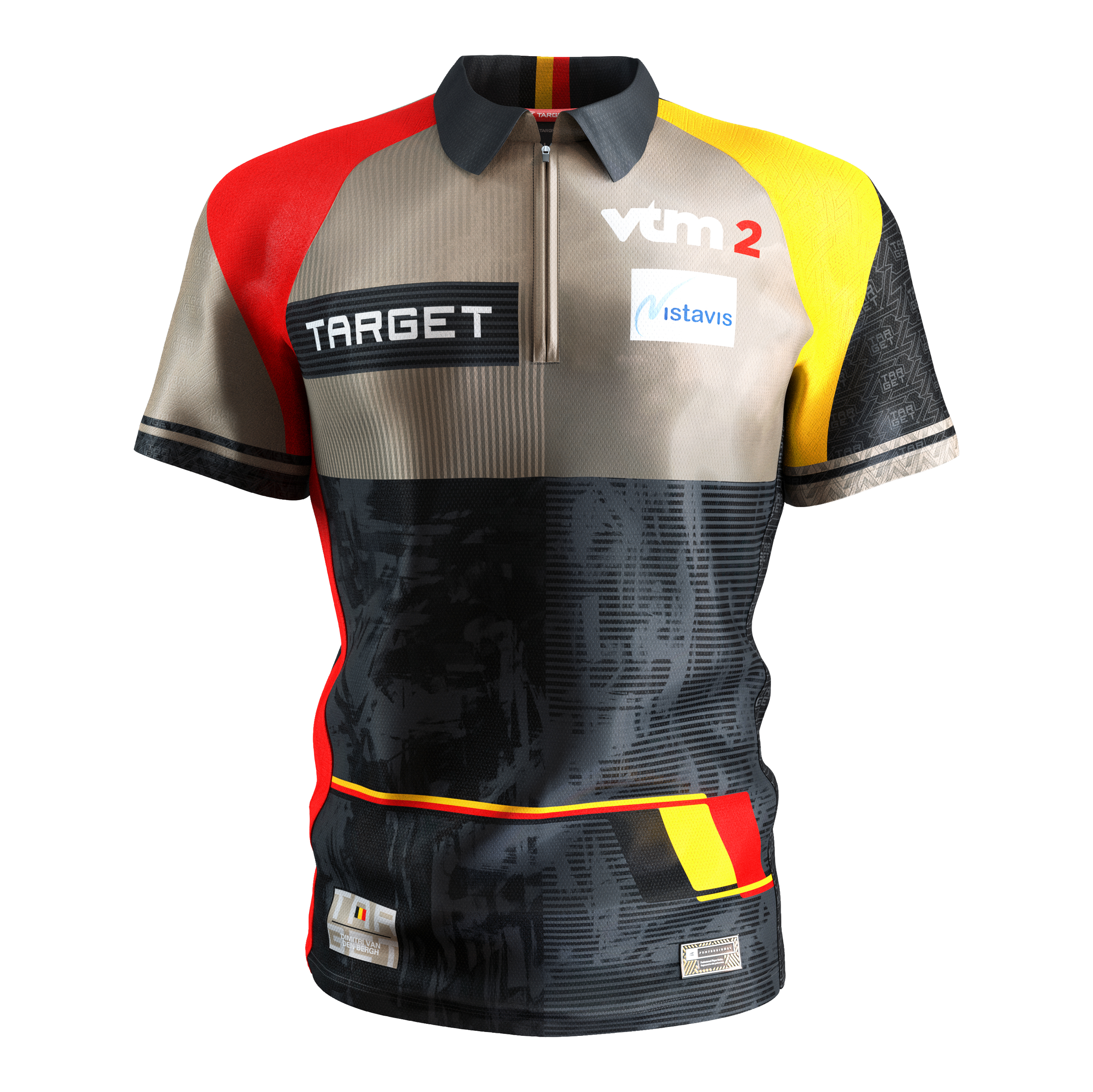 Camiseta dardos Target Coolplay Dimitri Van Den Bergh 2025 Das Bild zeigt das "Target Coolplay Dimitri Van Den Bergh 2025 Dartshirt". Das Shirt ist bunt gestaltet mit den Farben Schwarz, Rot, Gelb und Beige und trägt mehrere Sponsorenlogos.