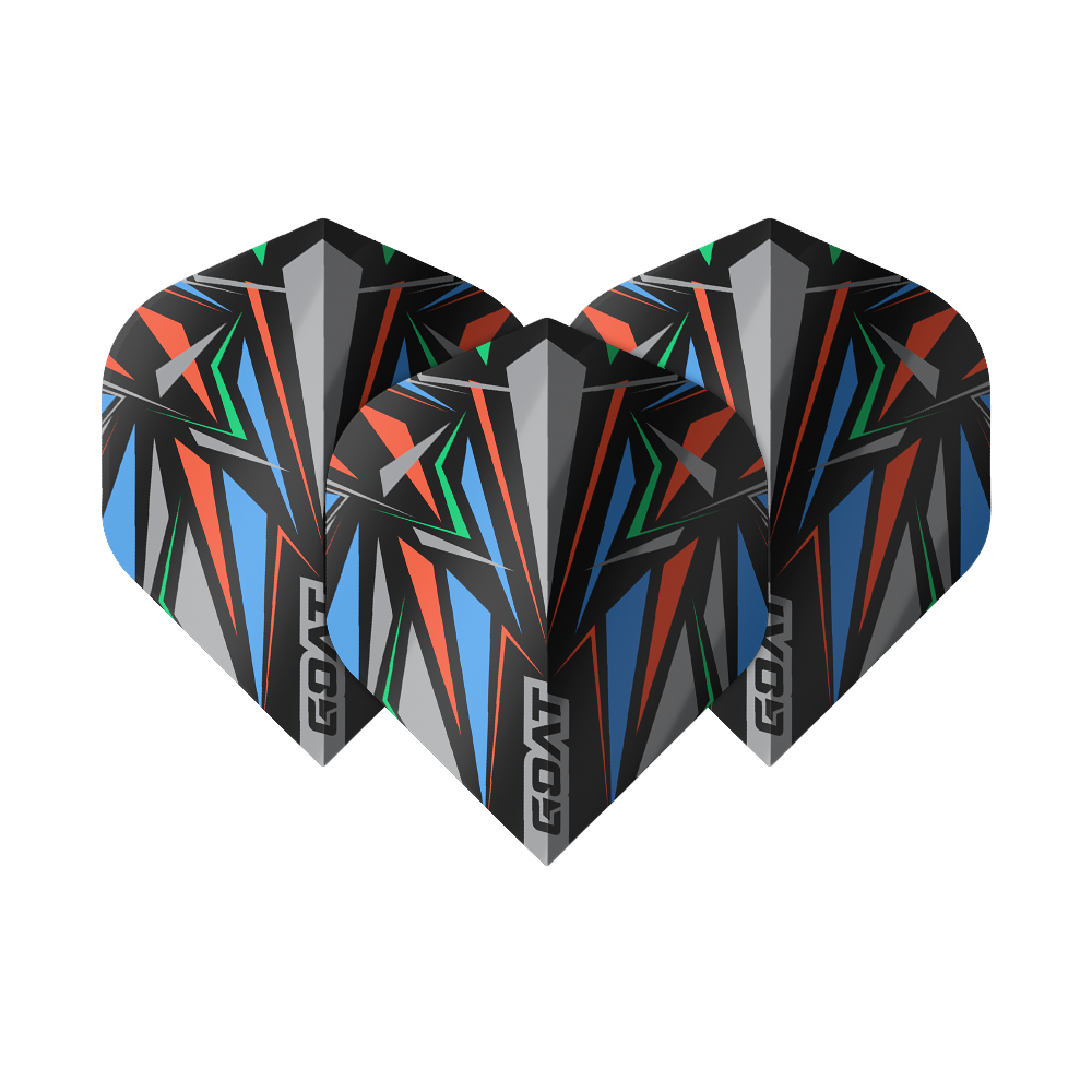 Vuelos estándar GOAT Athlete Black No2 Das Bild zeigt drei GOAT Athlete Black No2 Standard Flights mit einem auffälligen, bunten geometrischen Muster. Die Flights sind überwiegend in Schwarz gehalten und haben rote, blaue, grüne und graue Akzente.