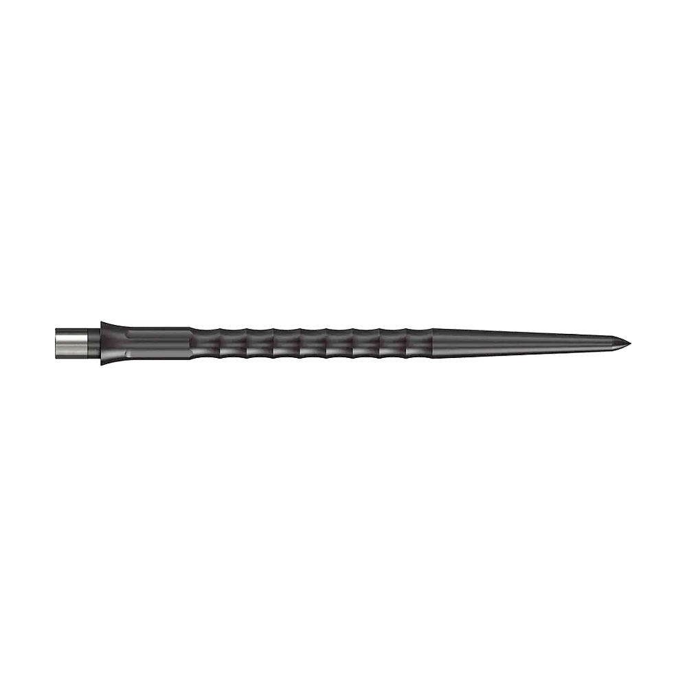 Puntas Steeldart del sistema Caliburn - Ondulada - Sin labio - Negras Das Bild zeigt Steeldartspitzen des Caliburn Evo Systems in Schwarz, 40 mm lang. Zwei Spitzen sind sichtbar, die Oberfläche ist geriffelt ohne Lippe.