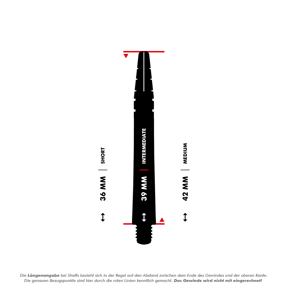 Das Bild zeigt einen Dart-Shaft mit einer Länge von 39 mm, der als "Intermediate" gekennzeichnet ist. Es sind auch Vergleichslängen für "Short" (36 mm) und "Medium" (42 mm) angegeben.