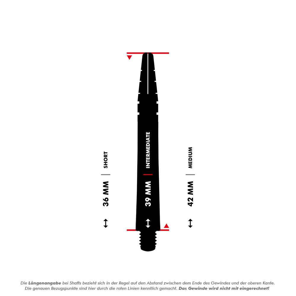 Flechas Red Dragon Nitrotech Luke Humphries Coolhand - Azul Das Bild zeigt einen Dart-Shaft mit einer Länge von 39 mm, der als "Intermediate" gekennzeichnet ist. Es sind auch Vergleichslängen für "Short" (36 mm) und "Medium" (42 mm) angegeben.