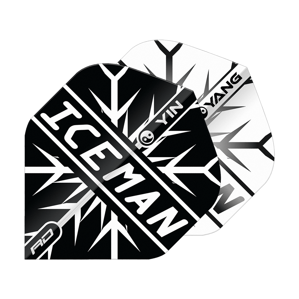 Vuelos estándar Red Dragon Gerwyn Price Iceman Black White Yin Yang Das Bild zeigt zwei Dart-Flights in Schwarz und Weiß mit einem Yin-Yang-Design. Auf dem vorderen Flight steht in großen Buchstaben „ICEMAN“.