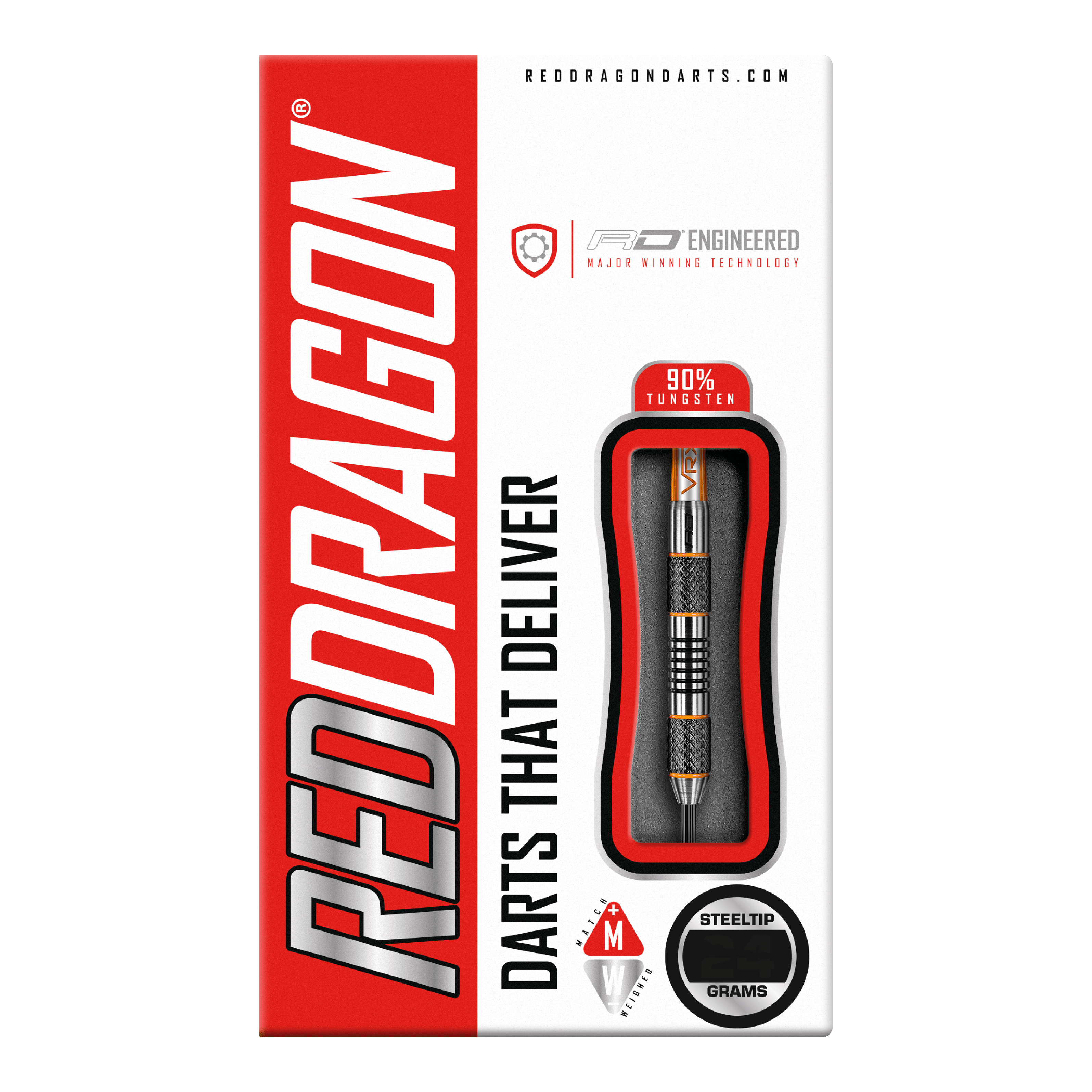 Dardos de acero Red Dragon Amberjack 5 - 24 g Die Abbildung zeigt die Verpackung der "Red Dragon Amberjack 5 Steeldarts - 24g". Auf der Packung sind ein sichtbarer Dartpfeil und die Aufschrift "Darts That Deliver" zu sehen.