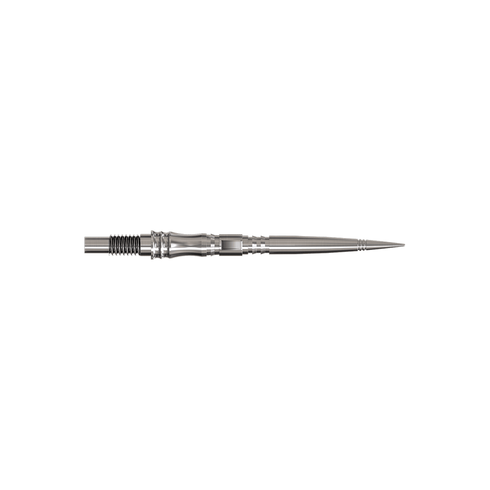 Apex Axis Silver Elite Serie Dartspitzen in 30mm werden gezeigt. Sie sind silberfarben und lang.