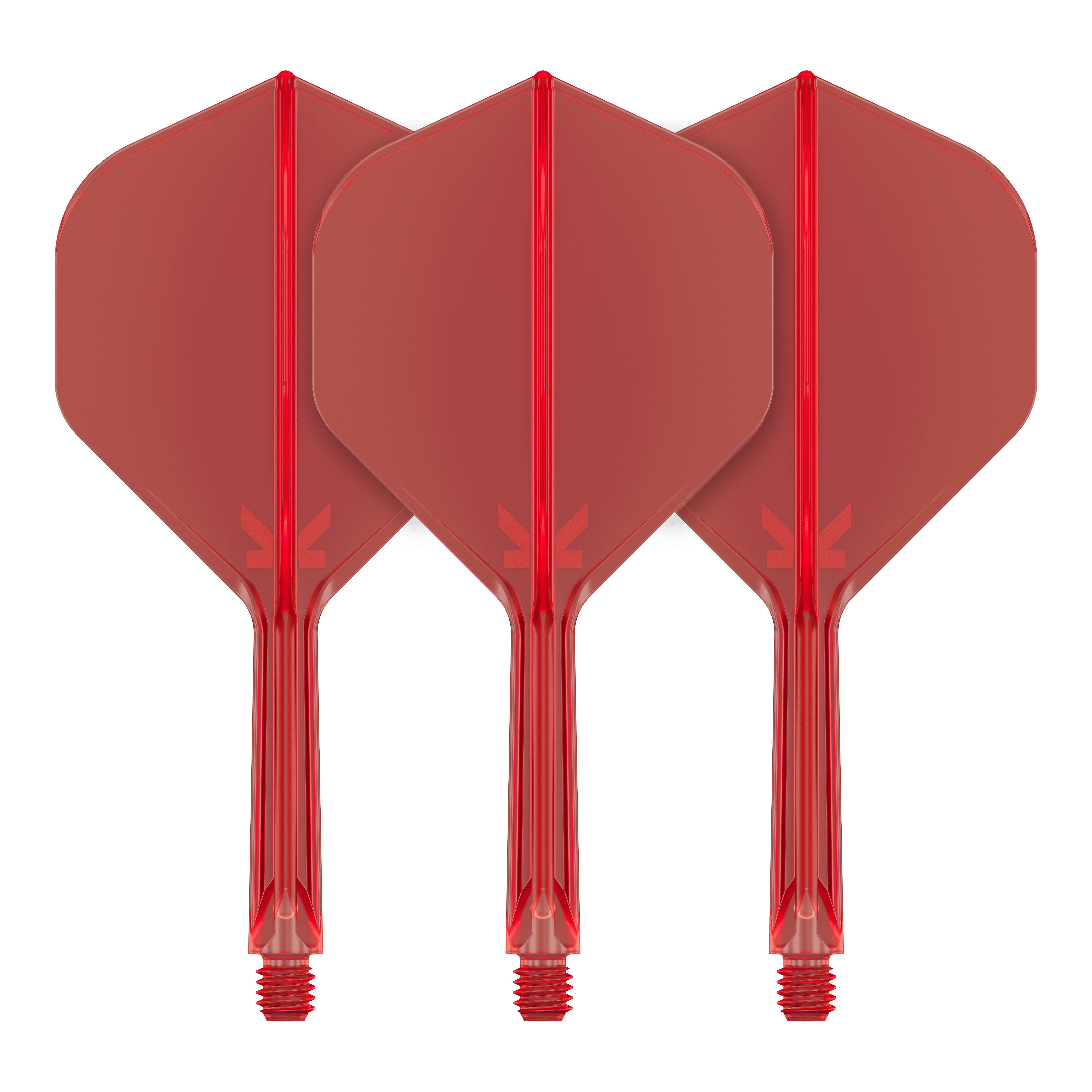 Sistema de vuelo estándar Target K-Flex No2 - Rojo Auf dem Bild sind drei rote Dartflights mit integrierten Schäften zu sehen. Sie stehen nebeneinander in einer aufrechten Position.