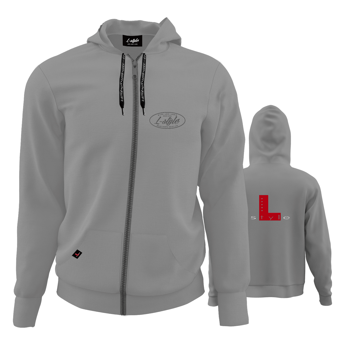 Sudadera con capucha estilo L, color gris Der "L-Style Hoodie - Grau" ist ein grauer Kapuzenpullover mit Reißverschluss und schwarzem Kordelzug. Auf der Vorderseite befindet sich ein dezentes Logo, auf dem Rücken ein großes rotes "L" mit dem Schriftzug "style".