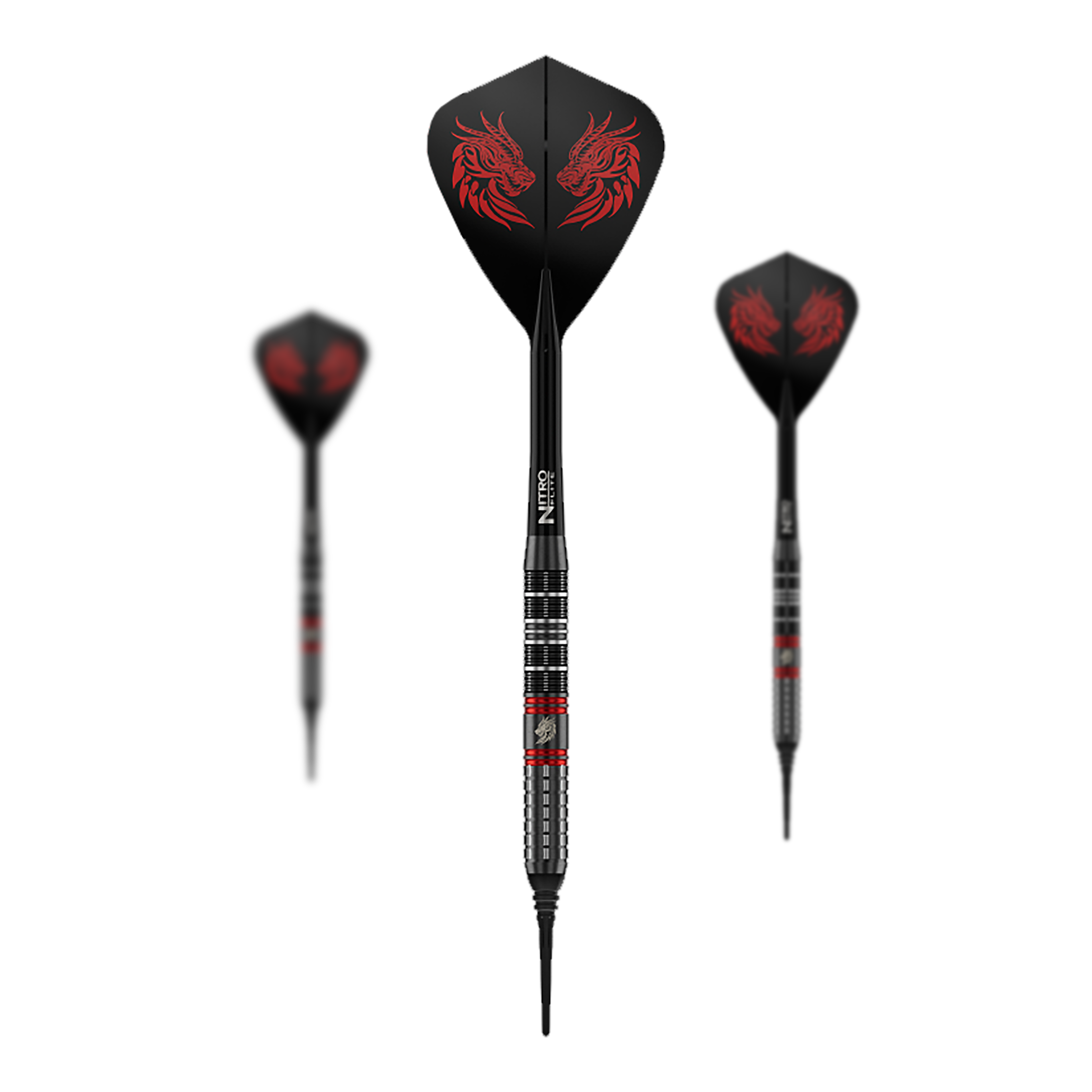 Dardos blandos Red Dragon Jonny Clayton RD-ULTRA - 18 g Zu sehen ist ein Set der Red Dragon Jonny Clayton RD-ULTRA Softdarts mit 18g Gewicht. Die drei Darts haben schwarze, silberne und rote Details und sind nebeneinander platziert.