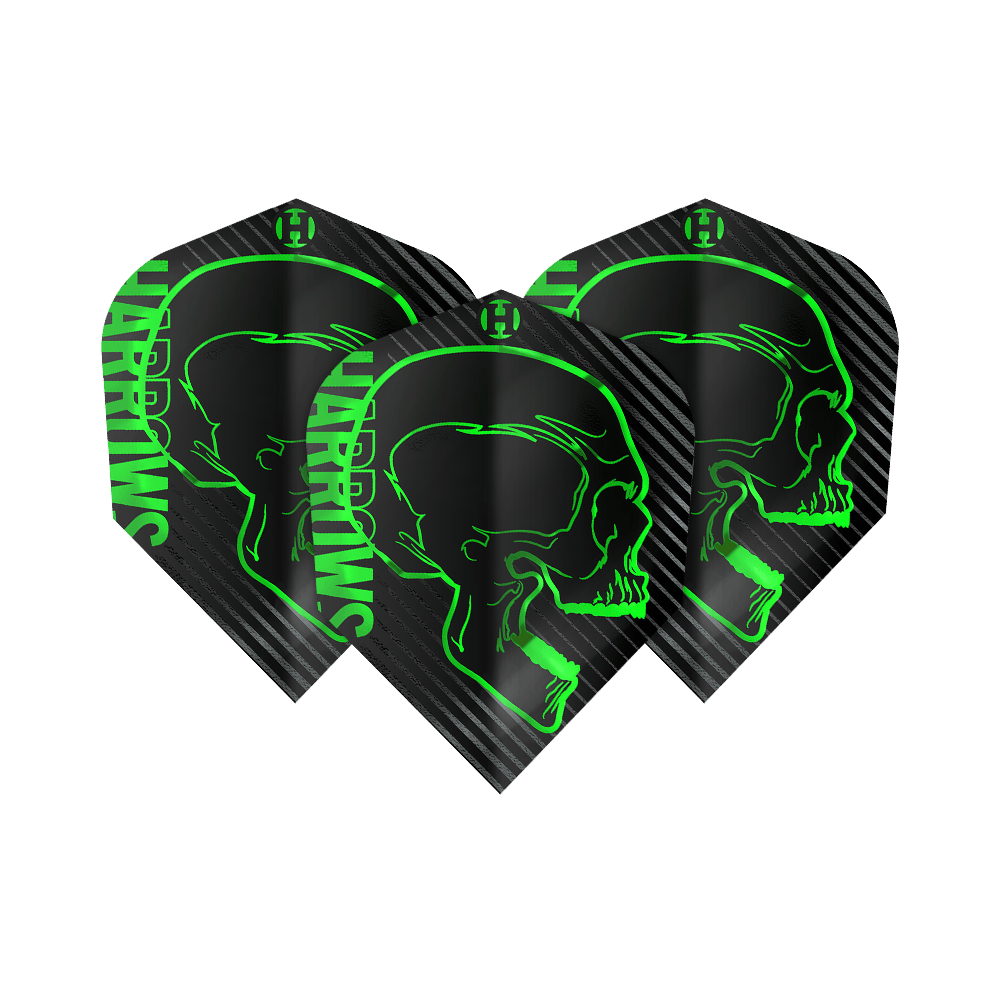 Rastros verdes furiosos nº 6 Das Bild zeigt drei schwarze Dart-Flights mit einem grünen Totenkopf-Design und dem Schriftzug "Harrows". Die Flights sind das Modell "Harrows Rage Green No6".