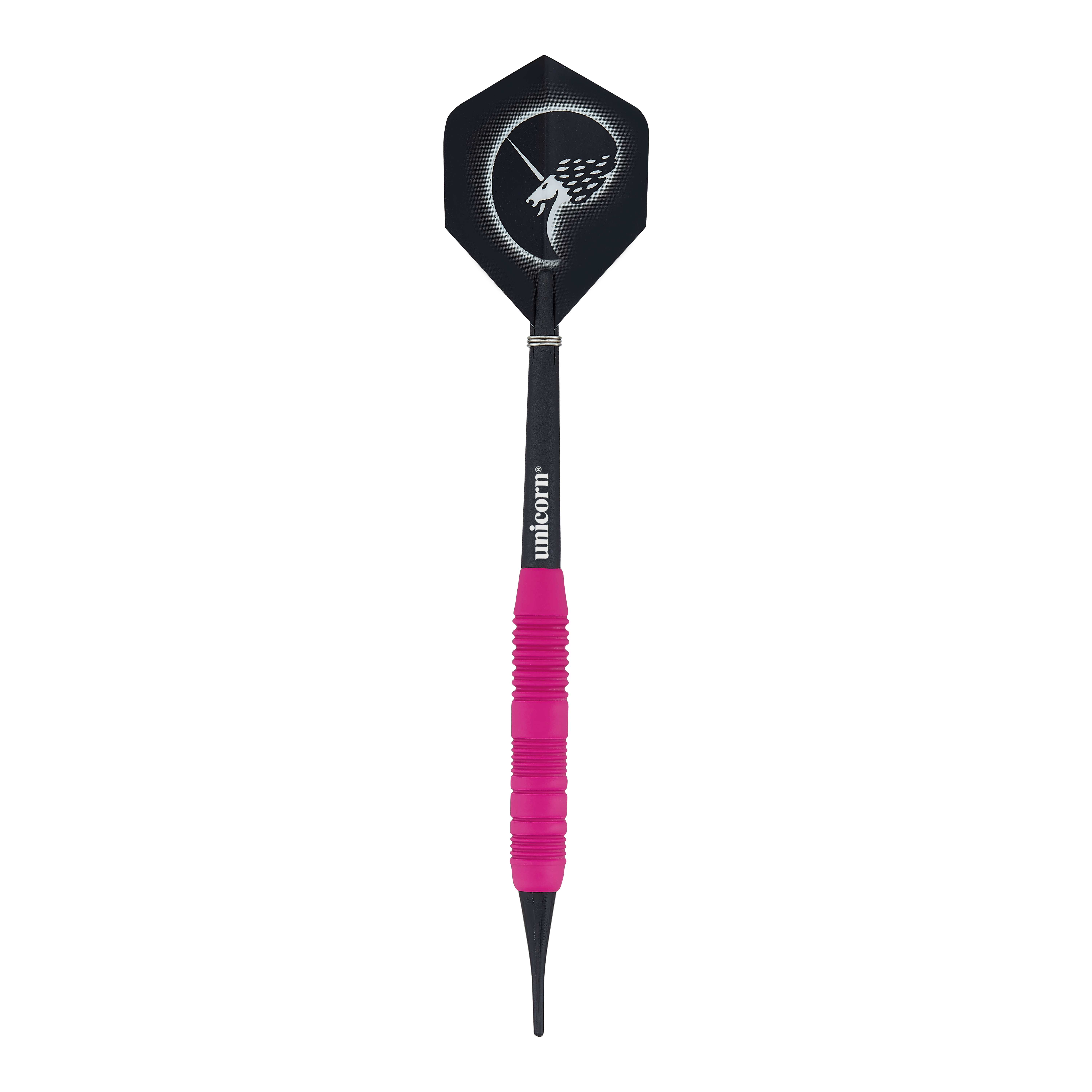 Dardos suaves de goma Unicorn Core Plus, color rosa - 19 g Das Bild zeigt einen Unicorn Core Plus Rubberised Pink Softdart mit einem Gewicht von 19 Gramm. Der Dartpfeil hat einen pinkfarbenen, gummierten Griff und eine schwarze Flights mit einem stilisierten Einhorn-Design.