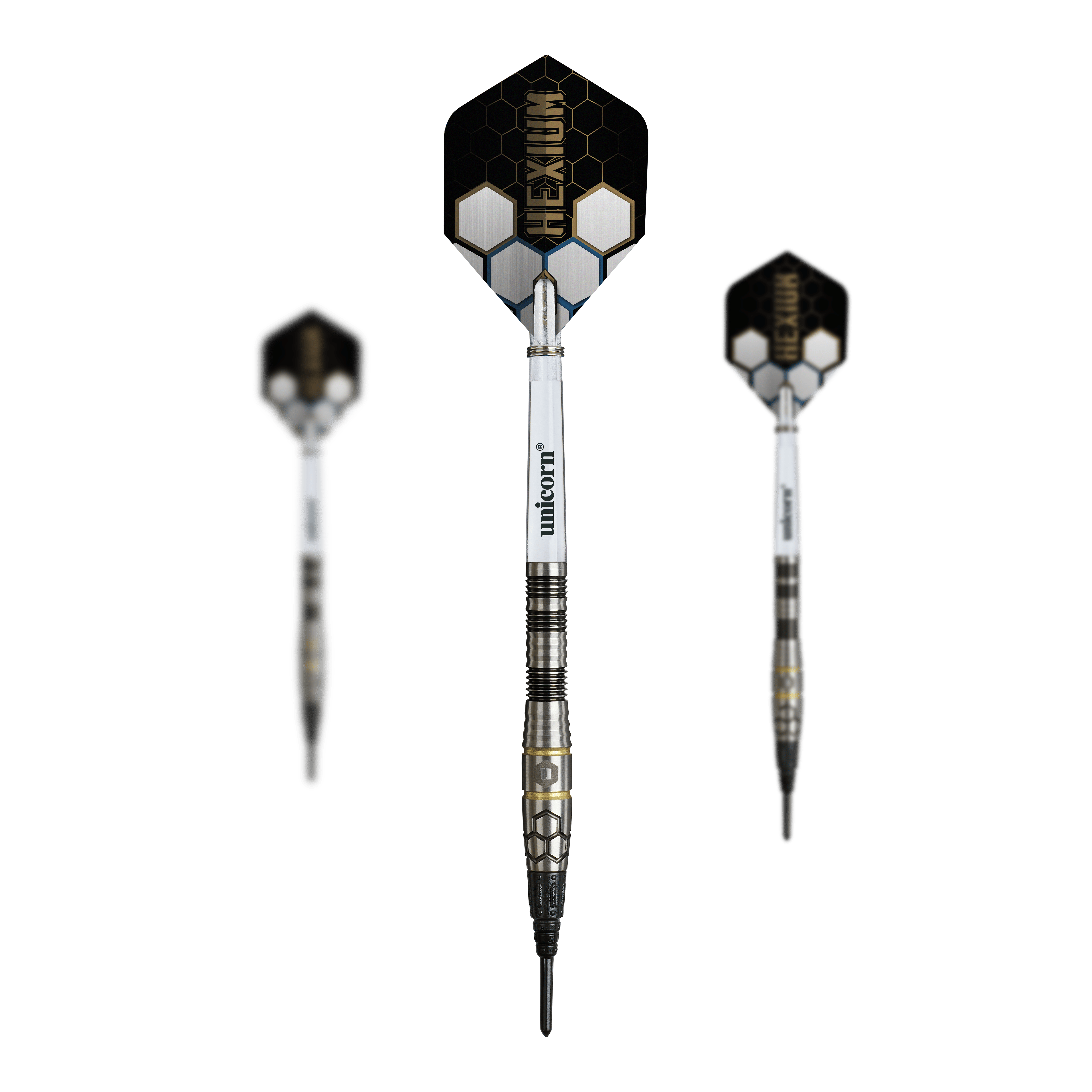Dardos blandos Unicorn Hexium Style 01 negros y dorados - 22 g Dieses Set zeigt die Unicorn Hexium Style 01 Black & Gold Softdarts - 22g als Set. Perfekt für Spieler, die ein passendes, abgestimmtes Dart-Set suchen.