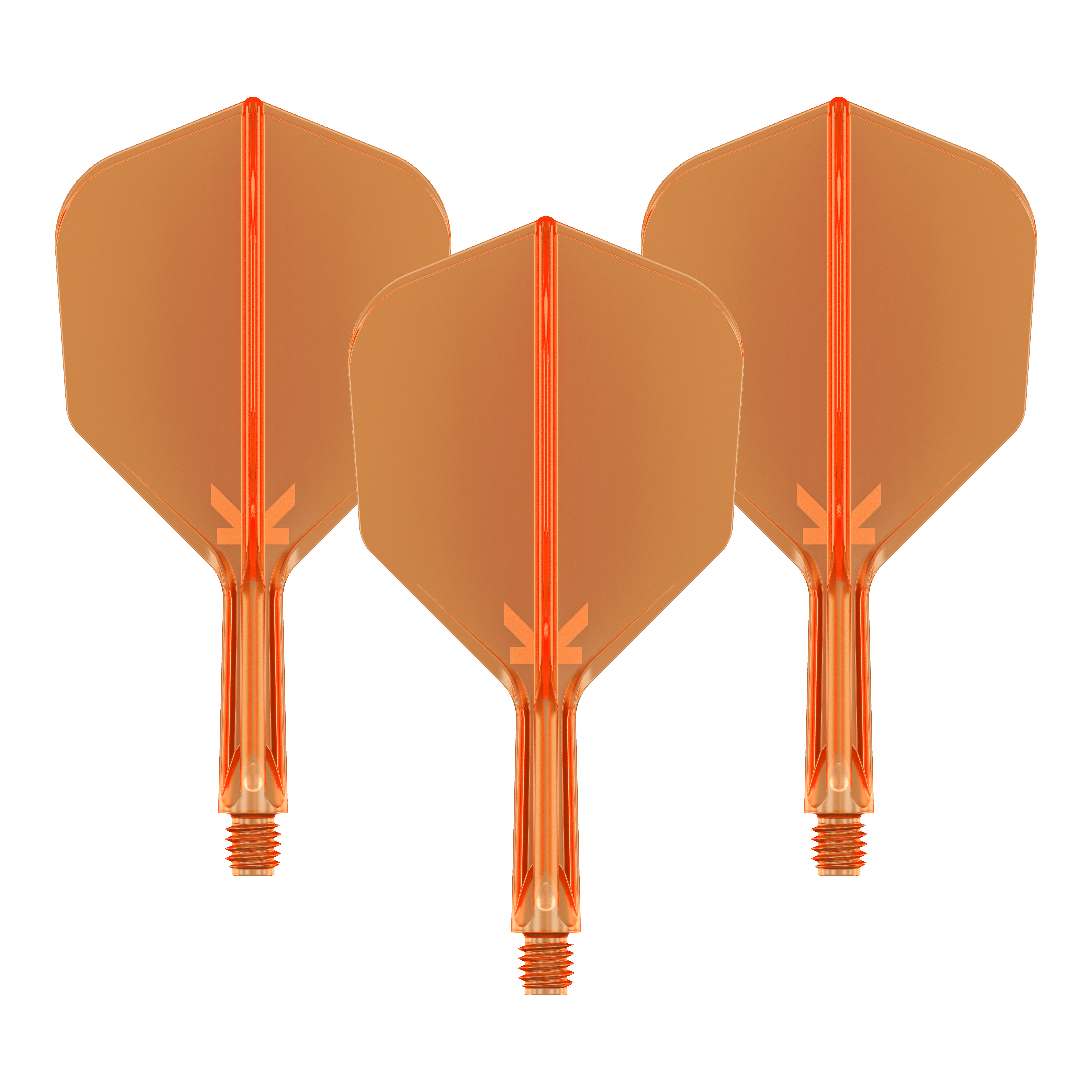 Sistema de vuelo Target K-Flex No6 - Naranja neón Auf dem Bild sind drei neonorange Darts-Flights mit Schaft zu sehen. Sie sind nebeneinander angeordnet und haben eine transparente Optik.