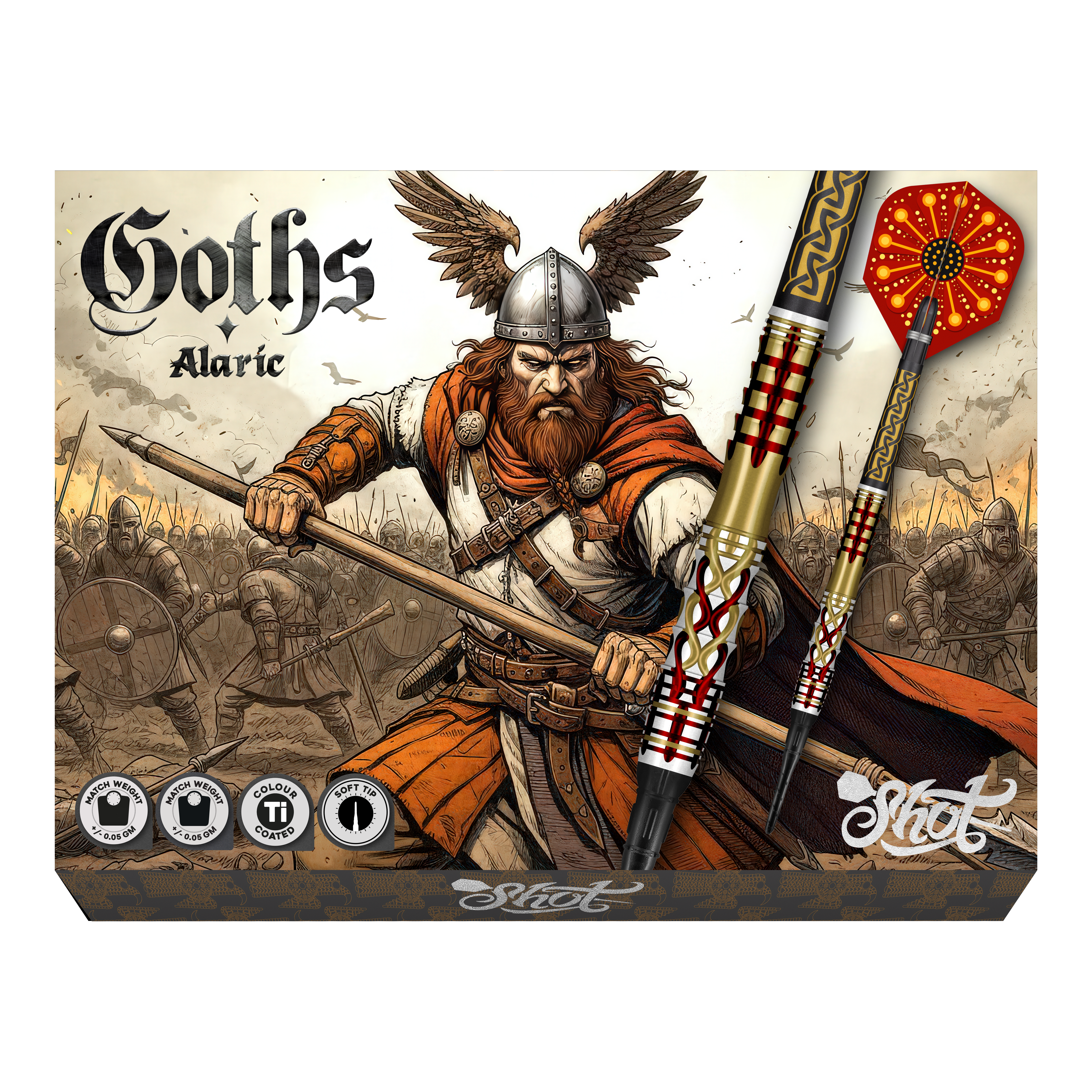 Dardos blandos Shot Goths Alaric - 20 g Abgebildet sind Shot Goths Alaric Softdarts mit einem Gewicht von 20g. Die Darts eignen sich perfekt für das Softdart-Spiel.