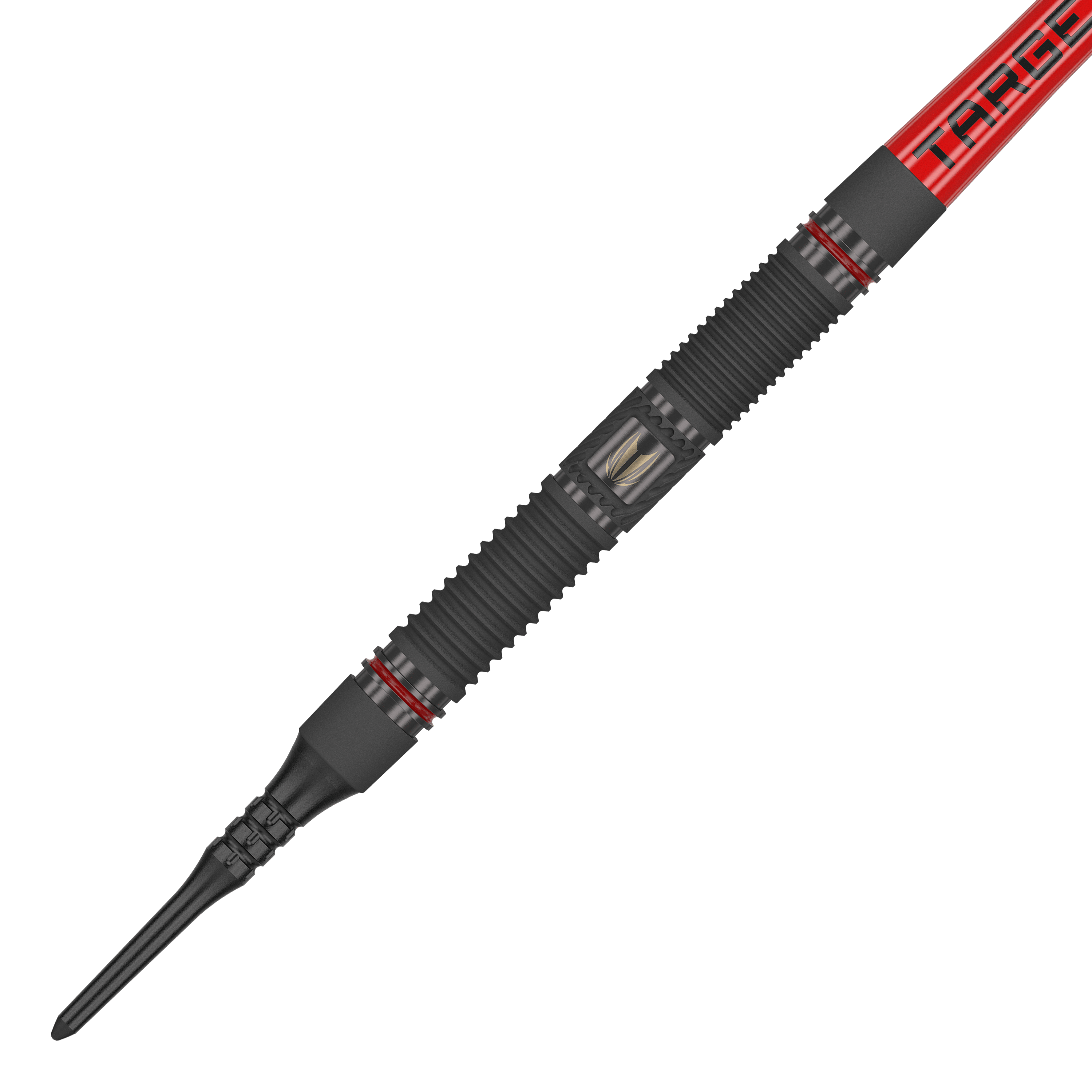 Target Scope 10 dardos blandos Das Bild zeigt einen Target Scope 10 Softdart mit einem schwarzen, geriffelten Griff und roten Akzenten. Der Dart hat eine rote Fliege mit der Aufschrift "TARGET".