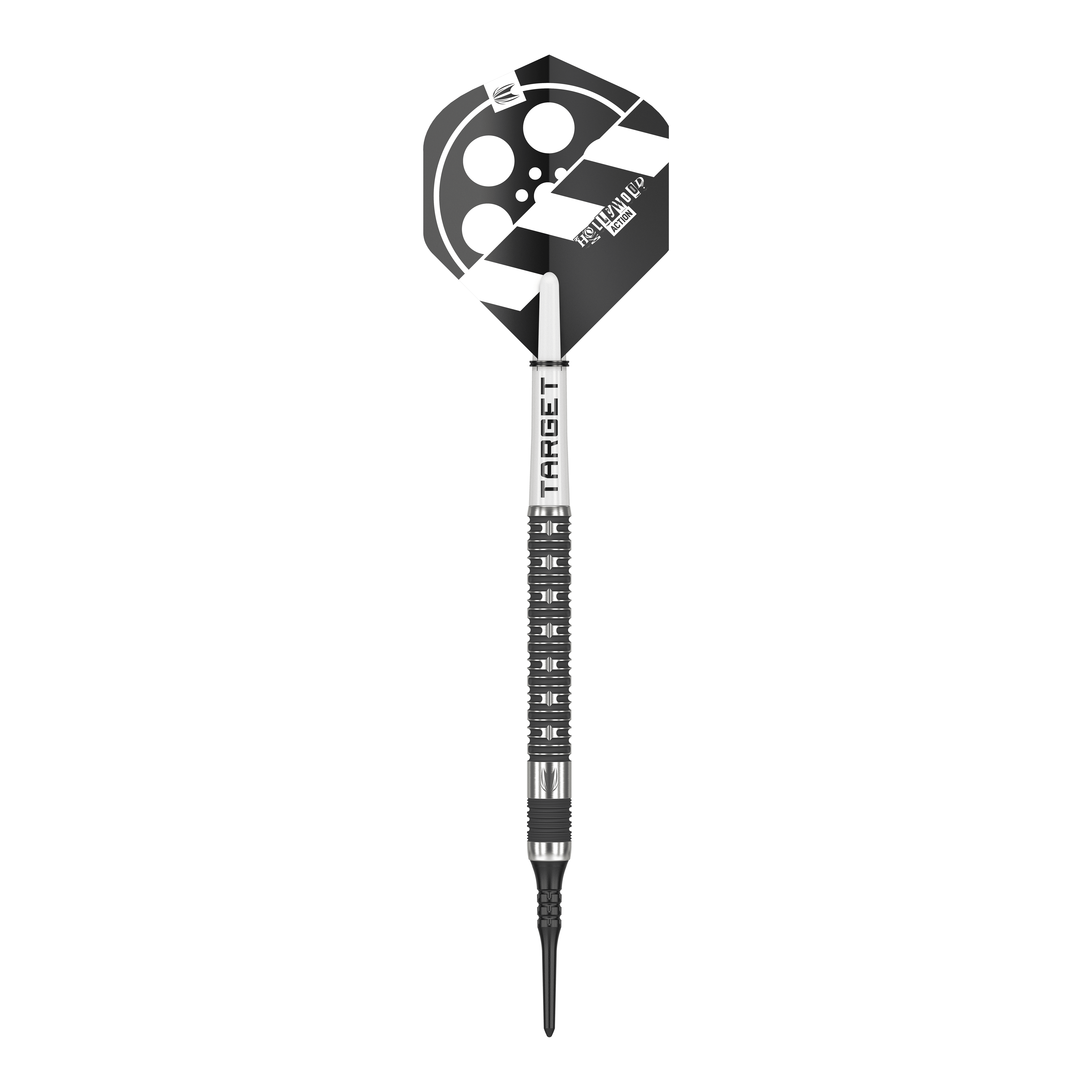 Dardos blandos Target Chris Dobey Hollywood Action - 20 g Das Bild zeigt einen Target Chris Dobey Hollywood Action Softdart mit einem Gewicht von 20g. Der Dart hat ein schwarz-weißes Flight-Design, das an eine Filmklappe erinnert.