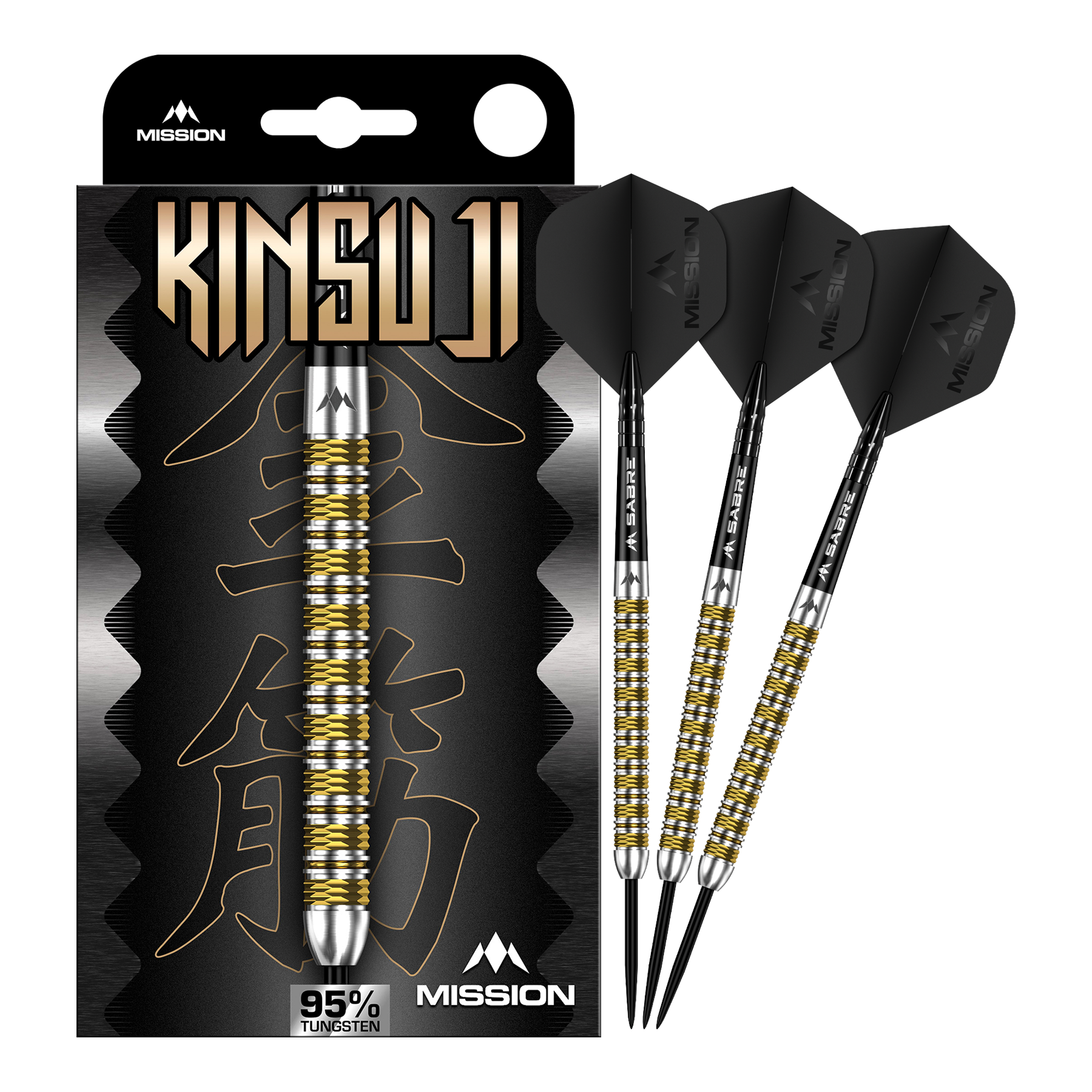 Zu sehen ist ein Satz Mission Kinsuji Steeldarts. Die Dartpfeile sind vollständig dargestellt.