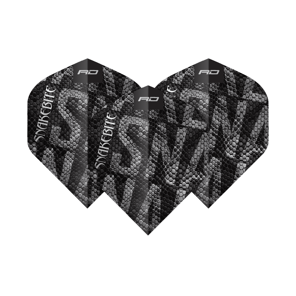 Das Bild zeigt ein Set der Red Dragon Pro Player Premium Peter Wright Black Mamba Premium No2 Standard Flights. Sie sind robust und perfekt für Dartfans.