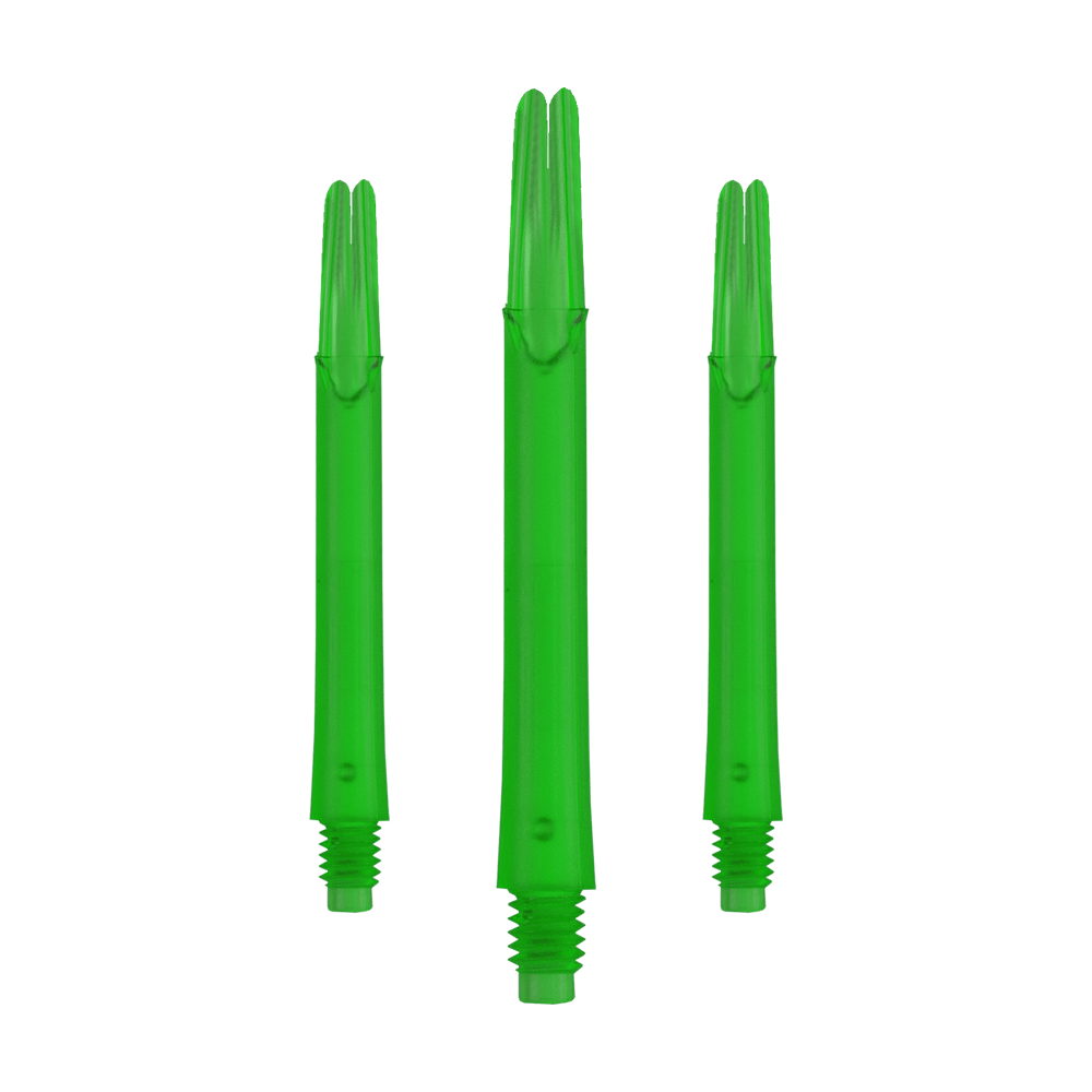 Ejes en L estilo L bloqueados rectos - Verde Auf dem Bild sind drei grüne, gerade Dartschäfte zu sehen. Sie sind jeweils unten mit einem Gewinde versehen und stehen nebeneinander.