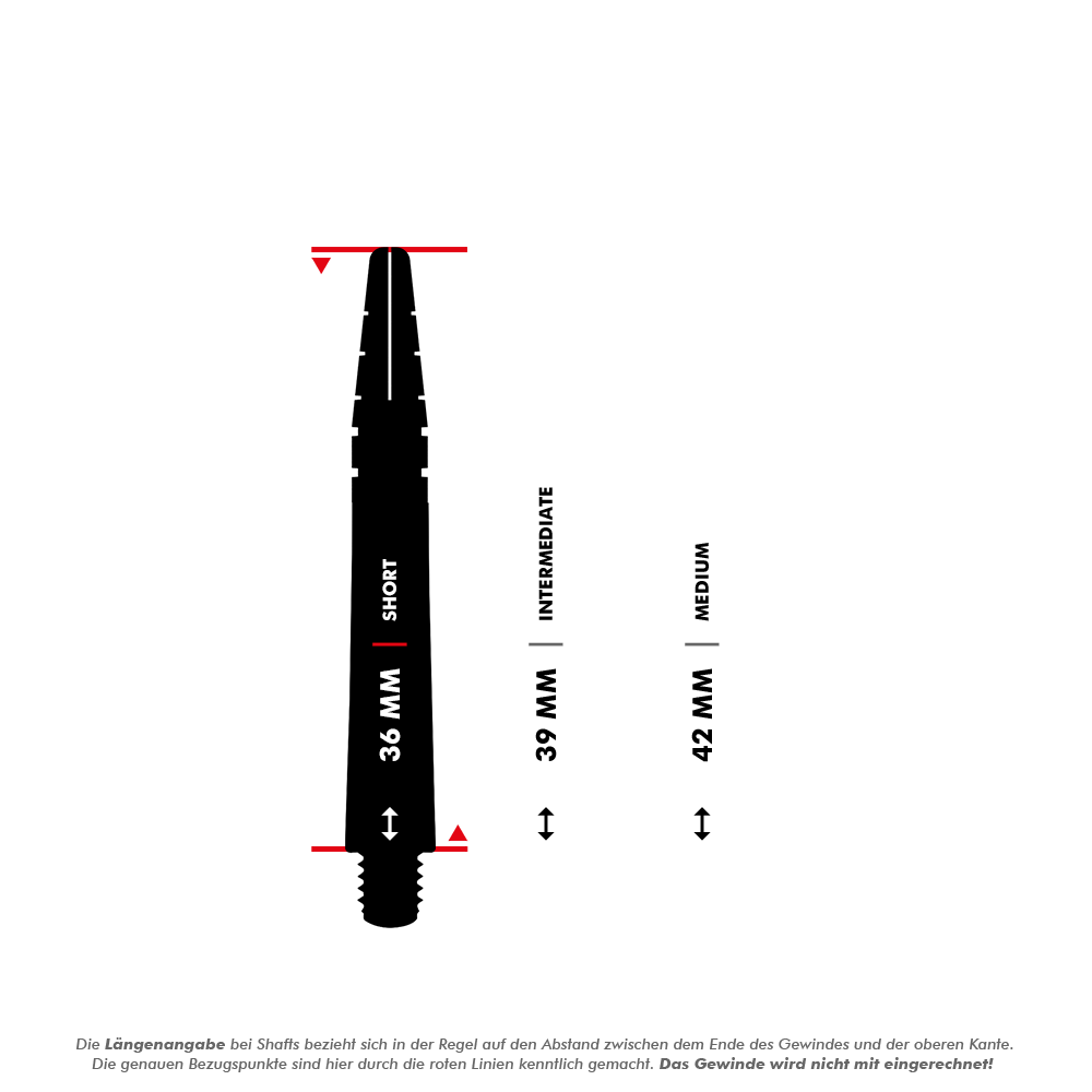 Flechas Red Dragon Nitrotech Luke Humphries Coolhand - Negras Das Bild zeigt einen schwarzen Dart-Shaft mit der Bezeichnung "SHORT" und einer Länge von 36 mm. Neben dem Shaft sind Markierungen für die Längen "INTERMEDIATE" (39 mm) und "MEDIUM" (42 mm) zum Vergleich dargestellt.