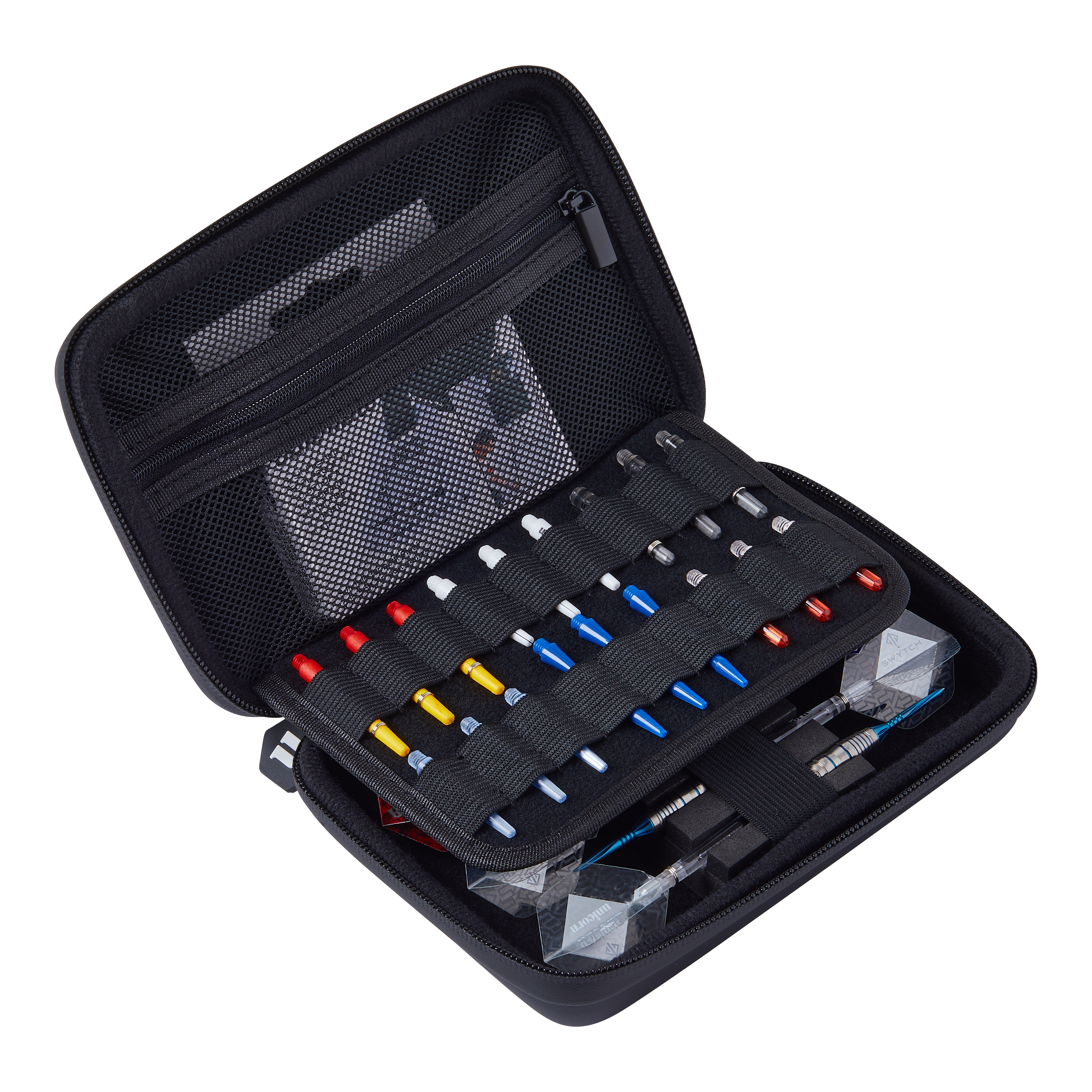 Estuche de dardos mediano Unicorn Ultra 3UP - Negro Das Bild zeigt das Produkt "Unicorn Ultra 3UP Medium Dartcase - Schwarz". Das Dartcase ist geöffnet und ordentlich mit verschiedenen Dartzubehörteilen und Darts bestückt.