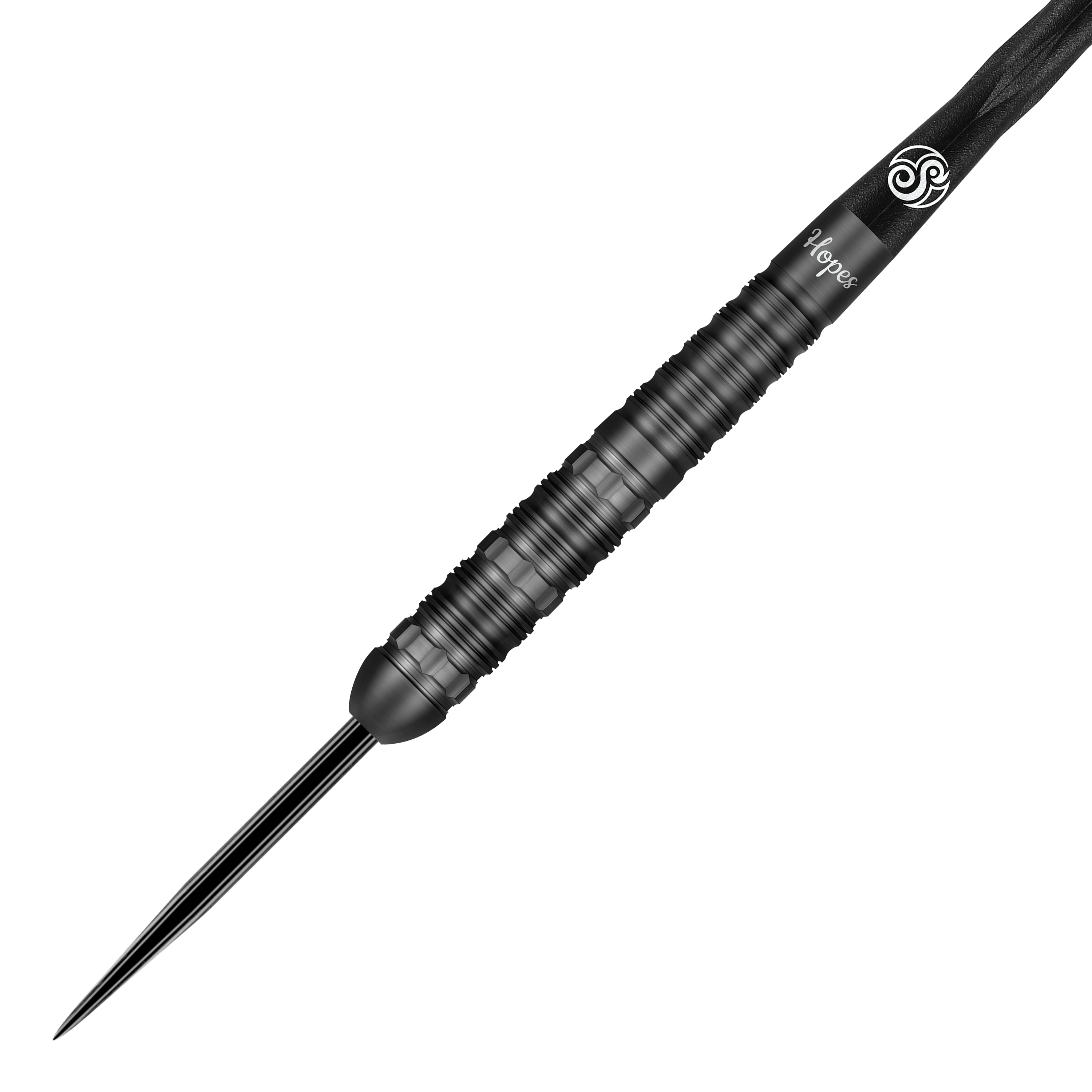 Dardos de acero Shot Pro-Series Haupai Puha 2 - 24 g Das Bild zeigt einen schwarzen Steeldart aus der Shot Pro-Series Haupai Puha 2 mit 24 Gramm Gewicht. Der Dartpfeil hat ein modernes, geriffeltes Design für besseren Halt.