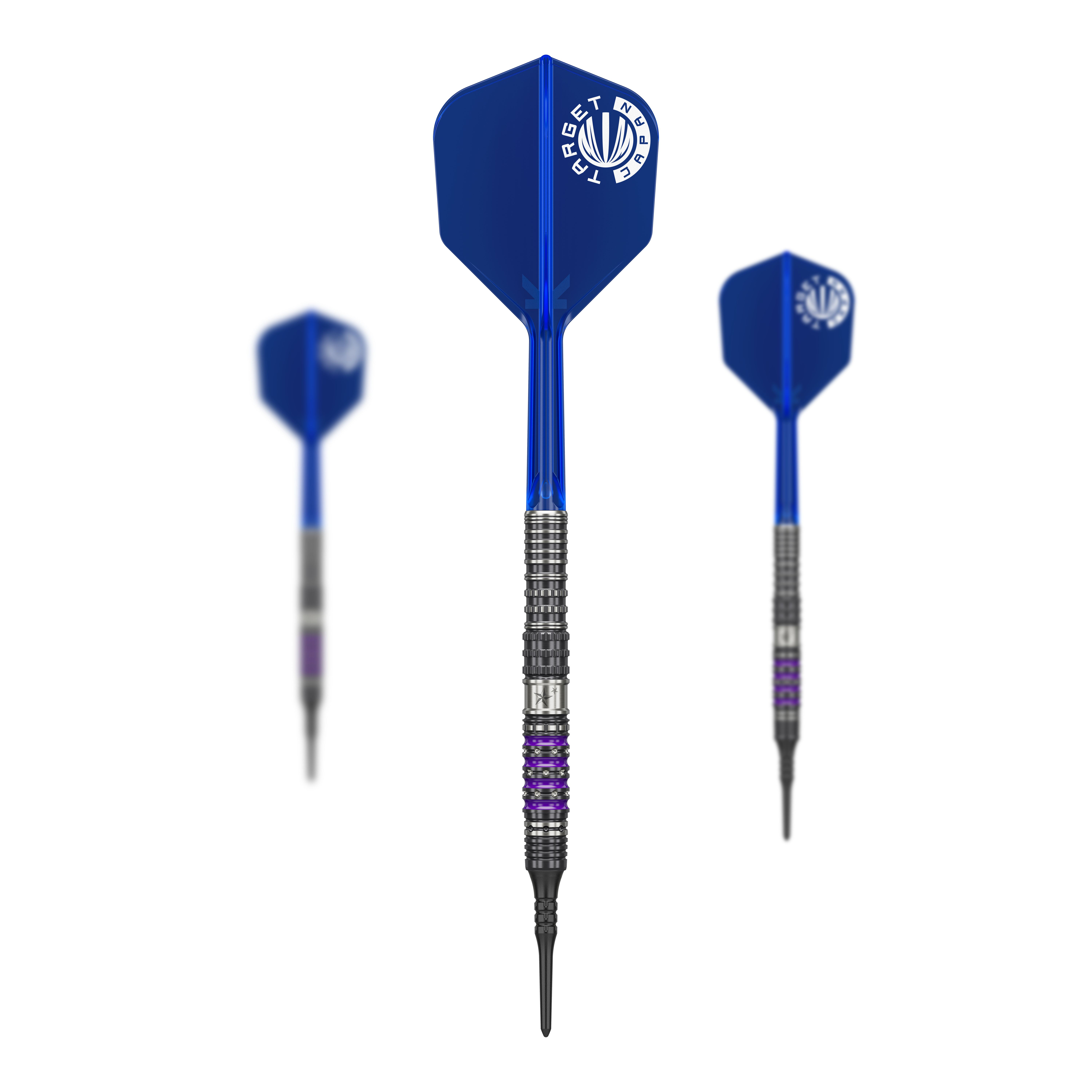 Dardos blandos Target Japan Prime Series Sirius GEN4 - 21,5 g Das Bild zeigt drei Softdarts der Serie "Target Japan Prime Series Sirius GEN4" mit einem Gewicht von 21,5g. Die Darts haben blaue Flights und silber-schwarze Barrels mit lila Akzenten.