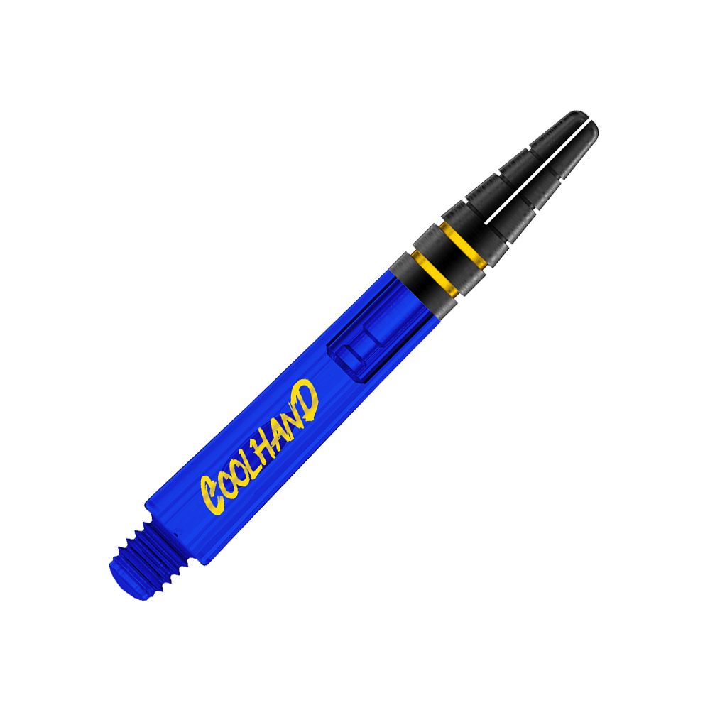 Flechas Red Dragon Nitrotech Luke Humphries Coolhand - Azul Das Bild zeigt einen blauen Dart-Schaft mit der Aufschrift "COOLHAND" in gelber Schrift. Der Schaft hat am oberen Ende schwarze und gelbe Akzente.