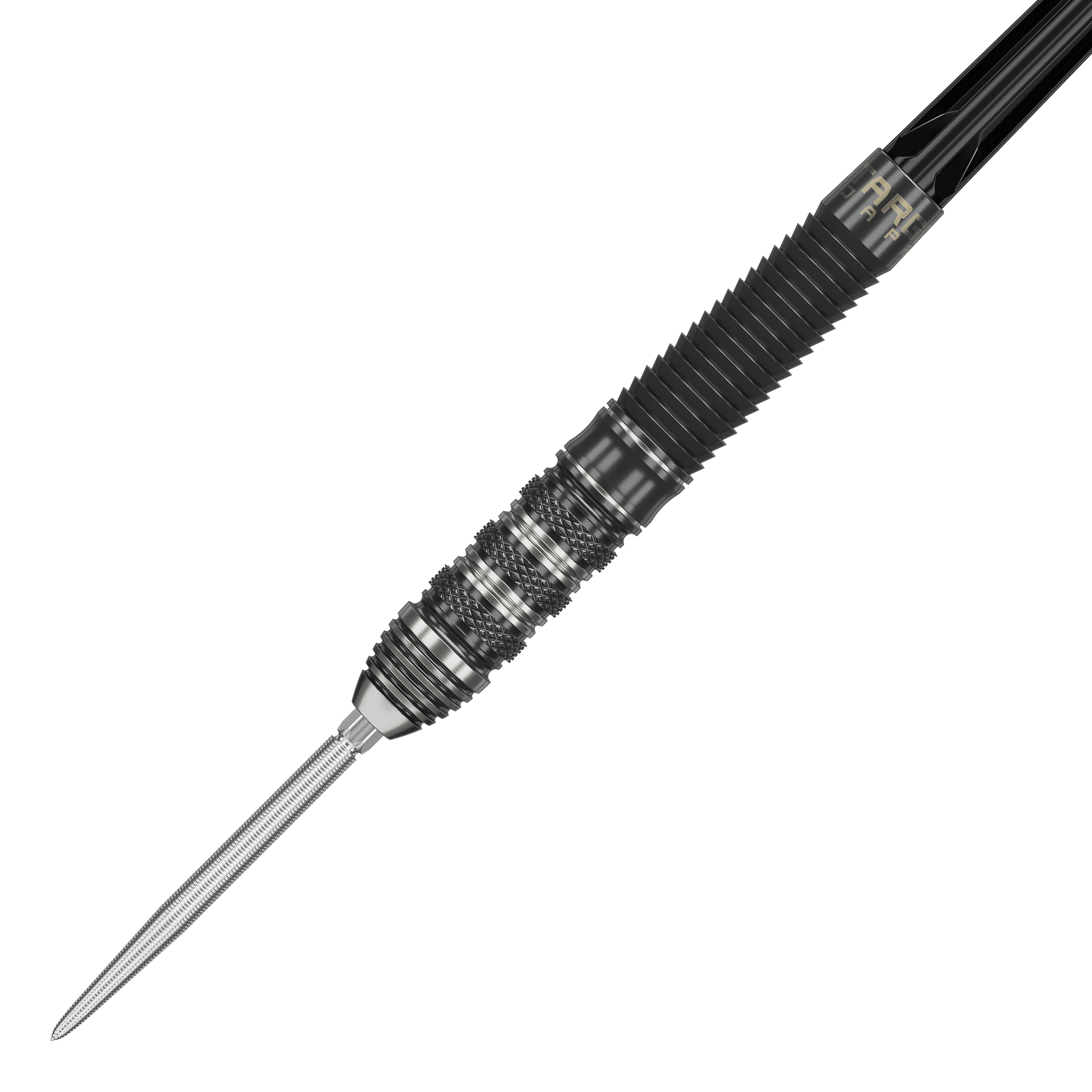 Dardos de acero Target Japan Black Marque Armageddon GEN2 Swiss Point Das Bild zeigt einen Target Japan Black Marque Armageddon GEN2 Swiss Point Steeldart. Der Dartpfeil hat ein schwarzes, geriffeltes Griffstück und eine silberne Spitze.