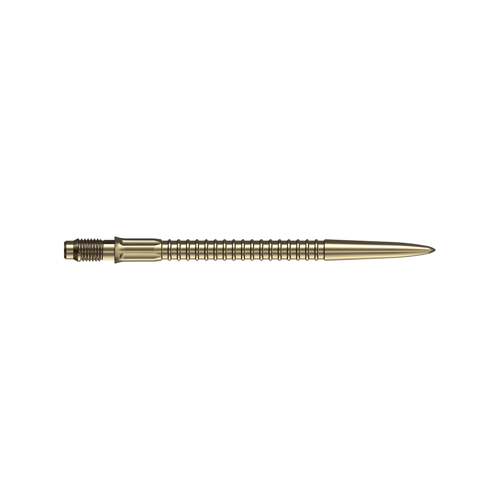 Puntas de dardo Mission R2.5 Rapid Point GV1 - Oro Mehrere goldene Dartspitzen mit einer Länge von 35mm sind dargestellt. Sie eignen sich als Ersatzteile für Dartfans.