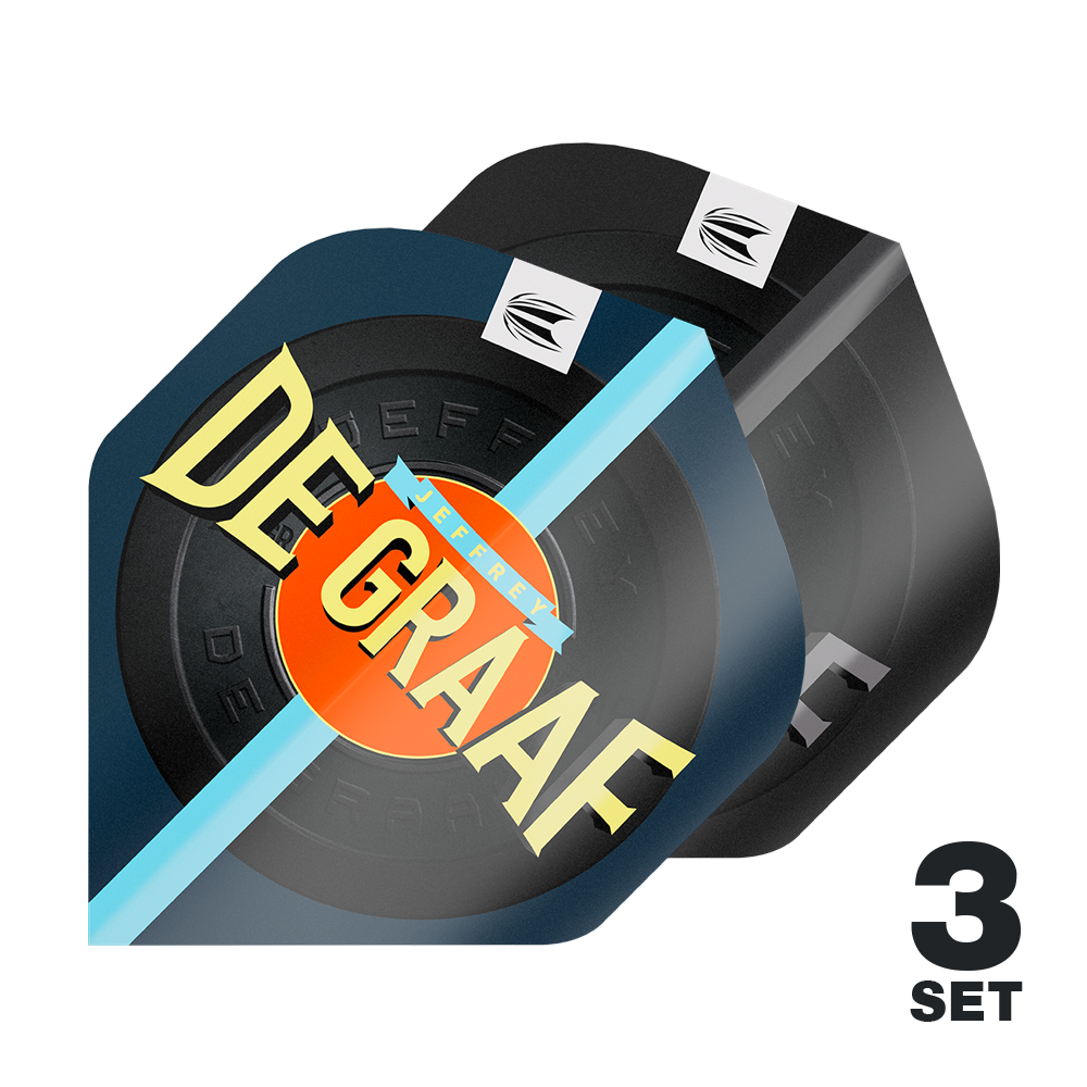 Das Bild zeigt drei Sets der Target Pro Ultra Jeffrey De Graaf GEN1 No2 Standard Flights. Auf den Flights ist der Name "DE GRAAF" in großen Buchstaben zu sehen.