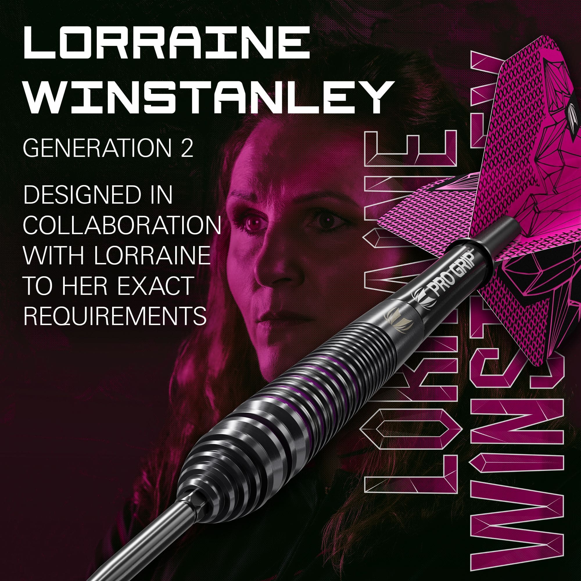 Dardos de acero Target Lorraine Winstanley GEN2 Swiss Point - 24 g Dieses Bild zeigt ebenfalls die Target Lorraine Winstanley GEN2 Swiss Point Steeldarts - 24g. Die Detailansicht stellt die Verarbeitung und Form der Darts dar.