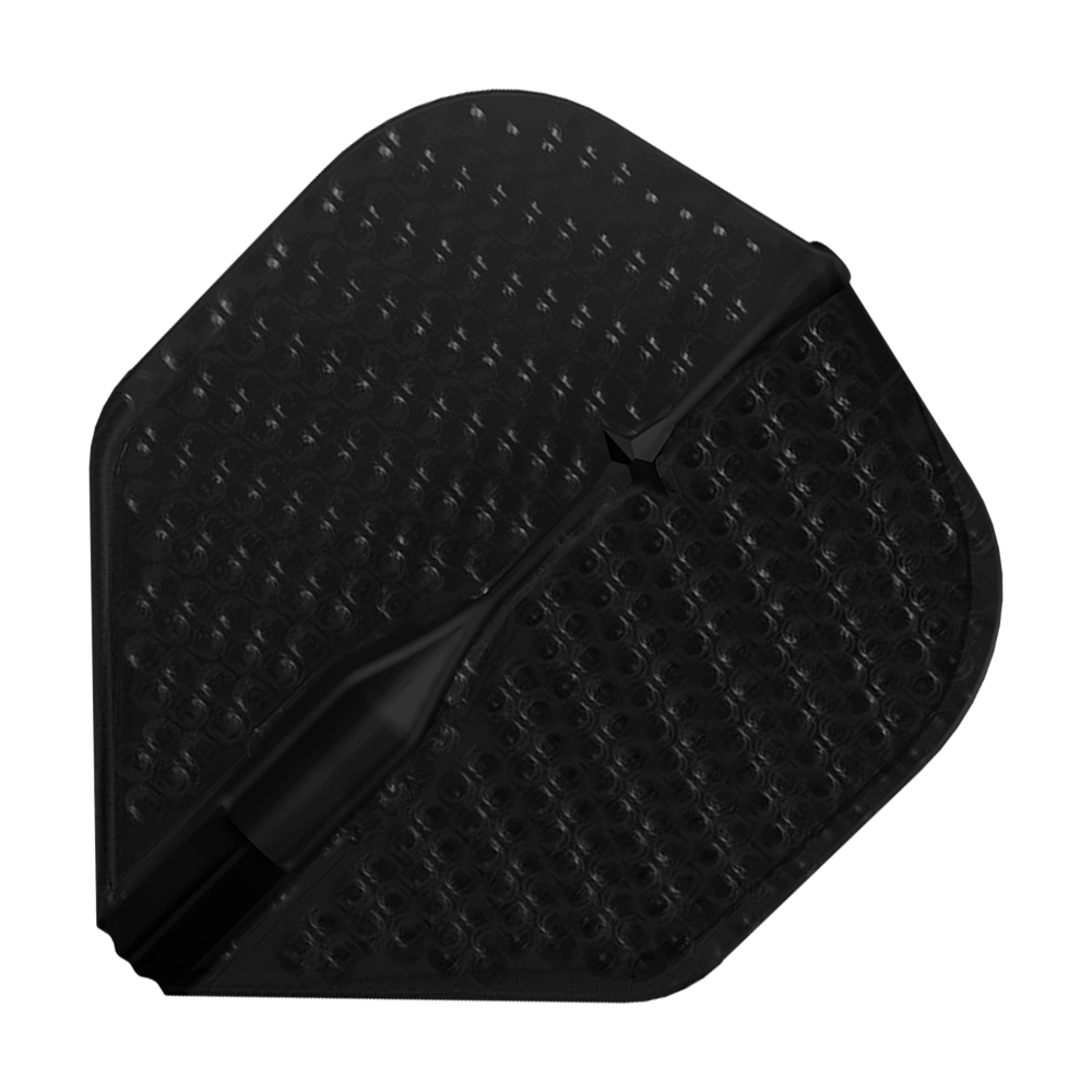 Vuelos estilo L con hoyuelos color champán L1EZ estándar Dieses Bild zeigt einen schwarzen Dartflight mit einer Dimple-Oberfläche. Das Flight hat eine polygonale Form und eine strukturierte Oberfläche für besseren Halt.